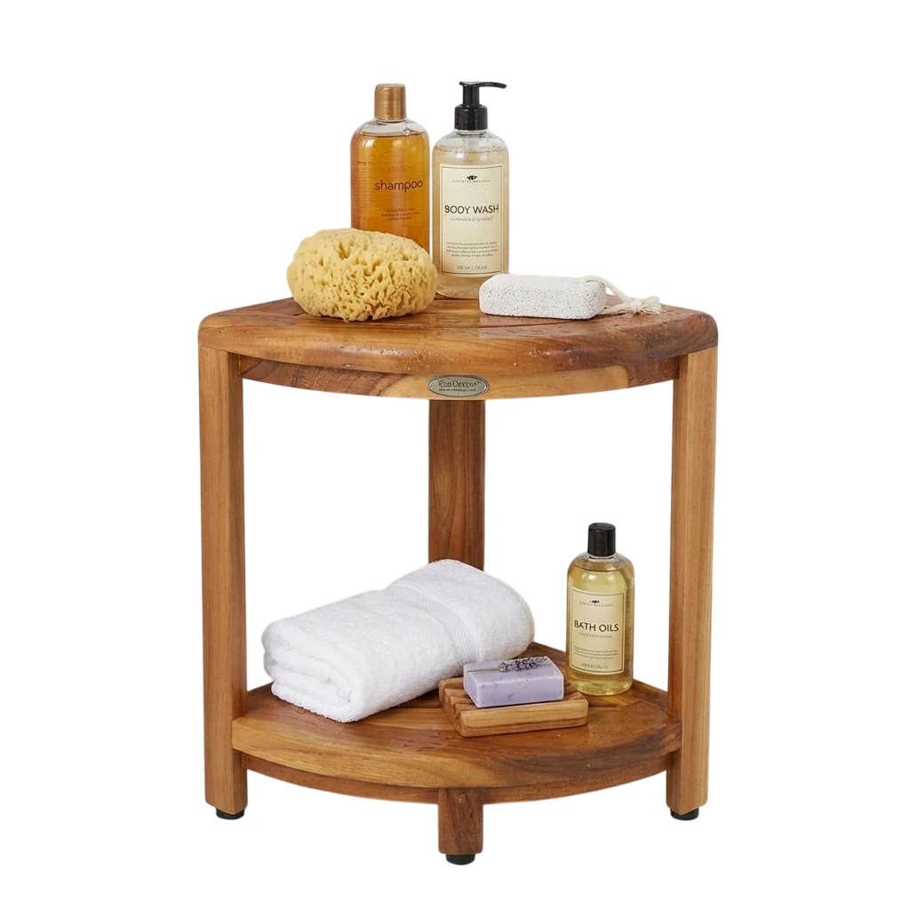 EcoDecors® SnazzyCorner® 18" Teak Wood Corner Footstool with Shelf in EarthyTeak Finish