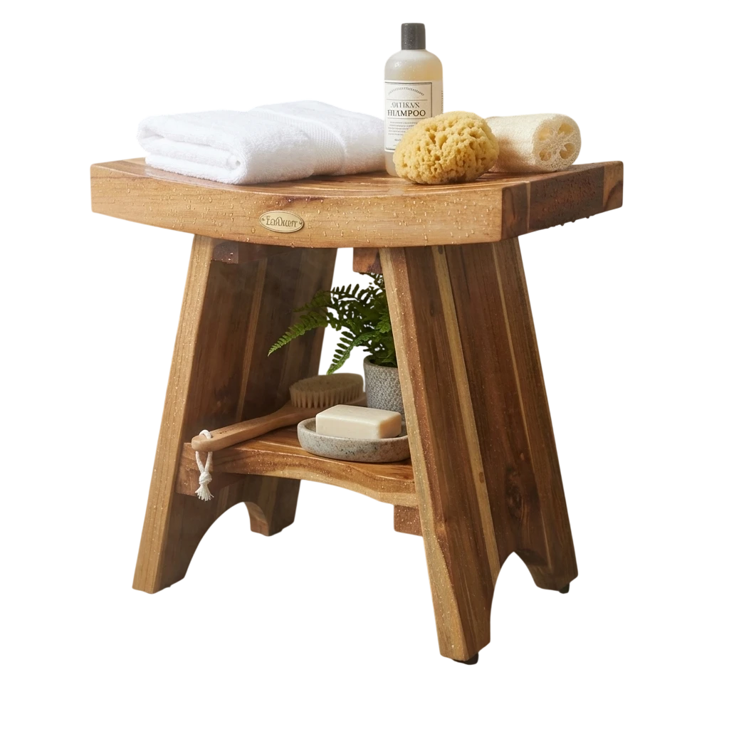 EcoDecors® Serenity® 18" Teak Wood Shower Bench with Shelf in EarthyTeak Finish