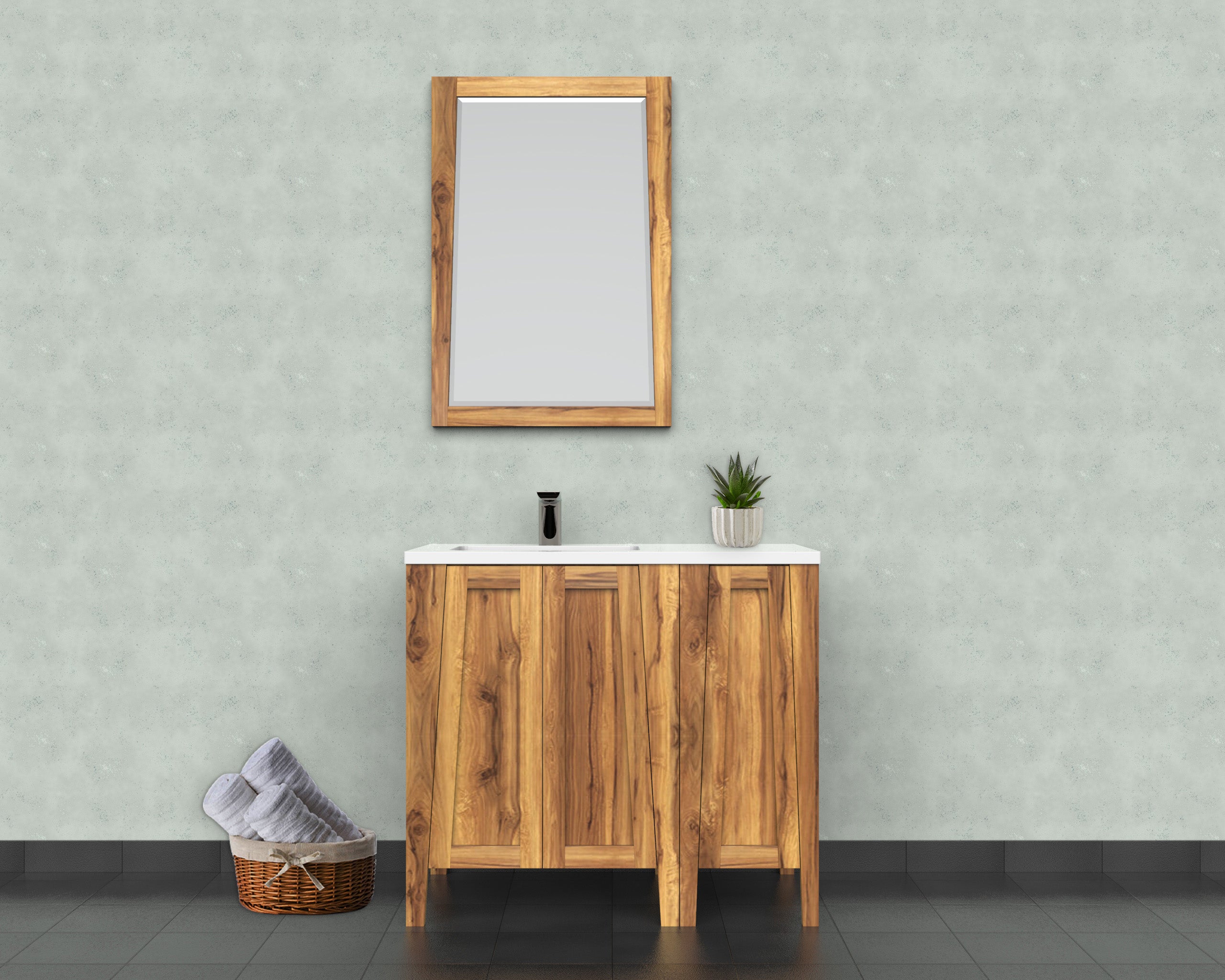EcoDecors® Significado® 24" Teak Wood Bathroom Vanity - Signifiacado® 12”L Modular Compact Side Vanity with Door -Significado® 24" x 35" Teak Wood Wall Mirror