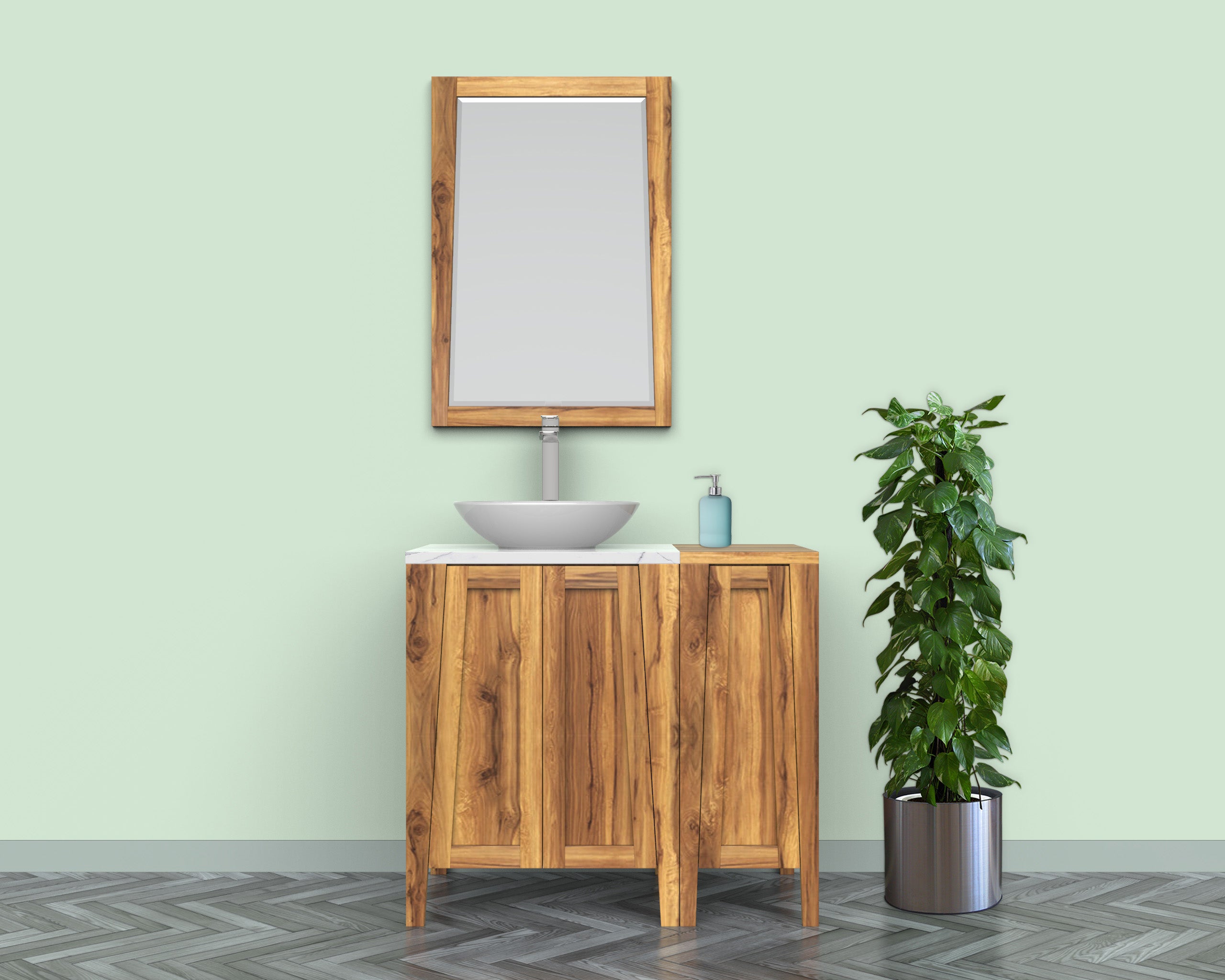 EcoDecors® Significado® 24" Teak Wood Bathroom Vanity - Signifiacado® 12”L Modular Compact Side Vanity with Door -Significado® 24" x 35" Teak Wood Wall Mirror