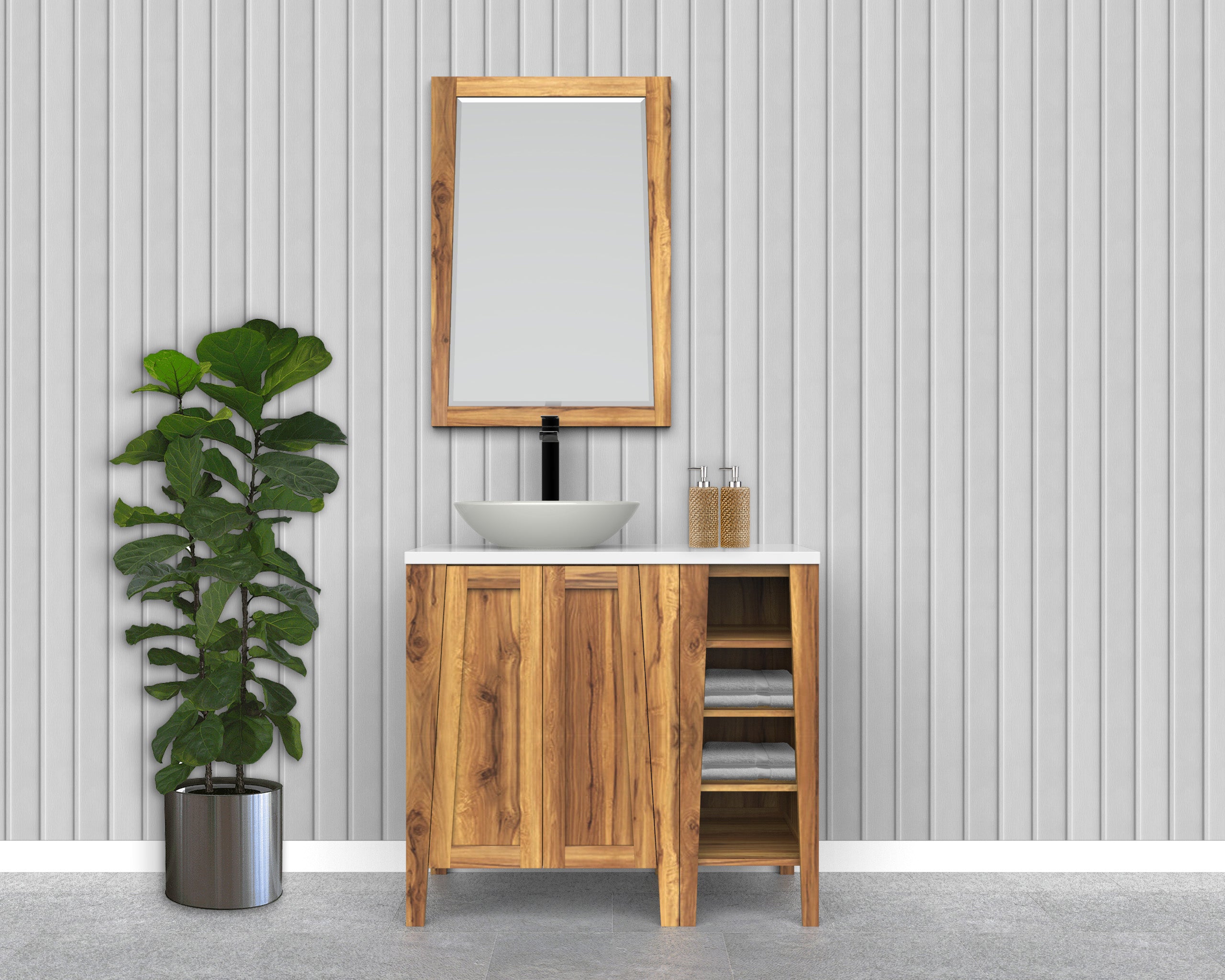 Significado® 24" Teak Wood Bathroom Vanity - Signifiacado® 12”L Modular Compact Side Vanity - Significado® 24" x 35" Teak Wood Wall Mirror