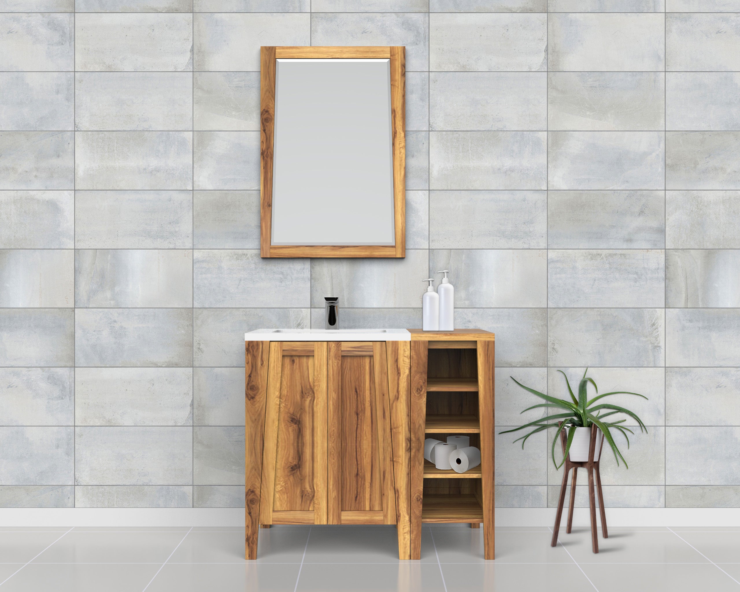 Significado® 24" Teak Wood Bathroom Vanity - Signifiacado® 12”L Modular Compact Side Vanity - Significado® 24" x 35" Teak Wood Wall Mirror