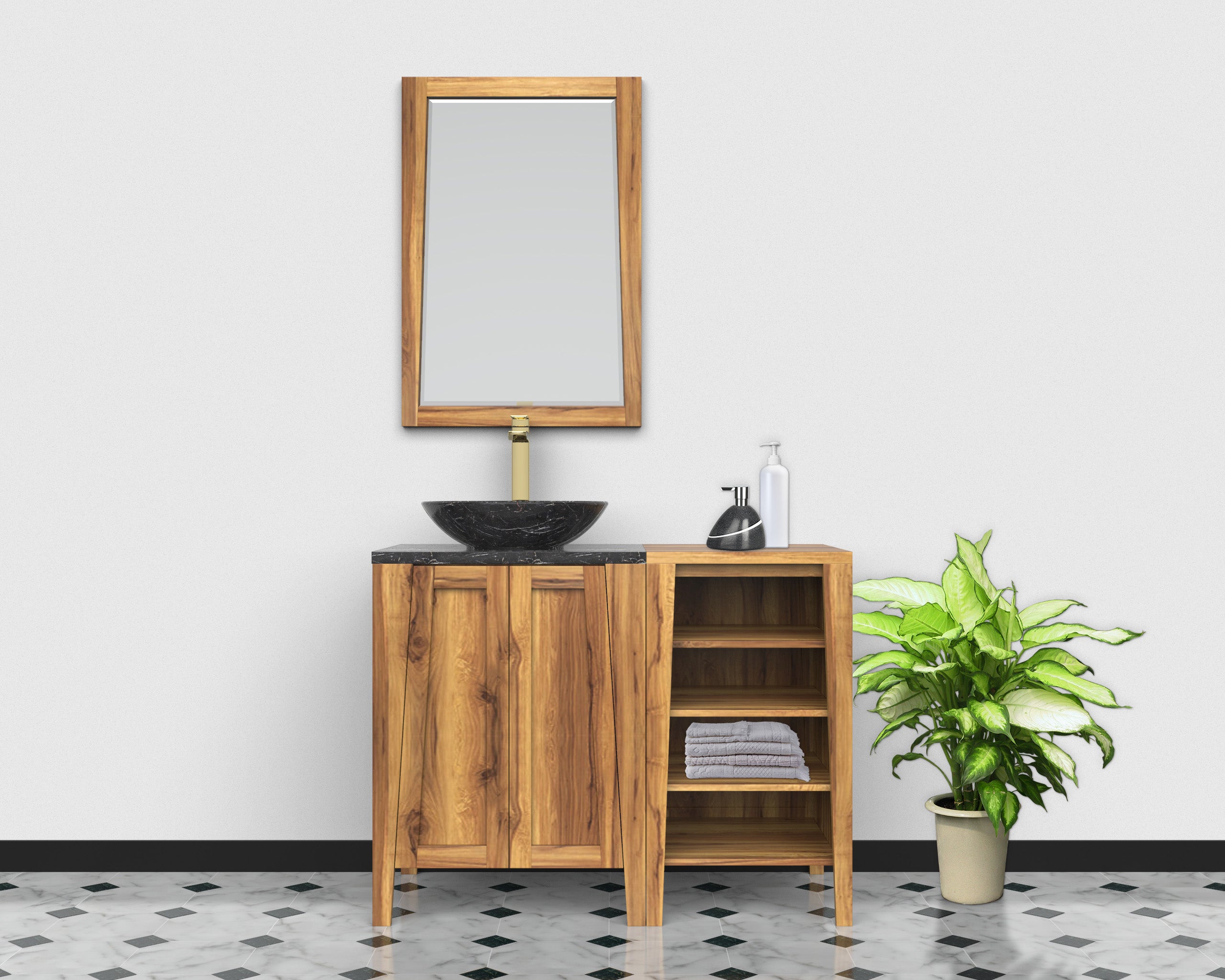 EcoDecors® Significado® 24" Teak Wood Bathroom Vanity - ignifiacado® 18”L Modular Compact Side Vanity with Shelves- Significado® 24" x 35" Teak Wood Wall Mirror