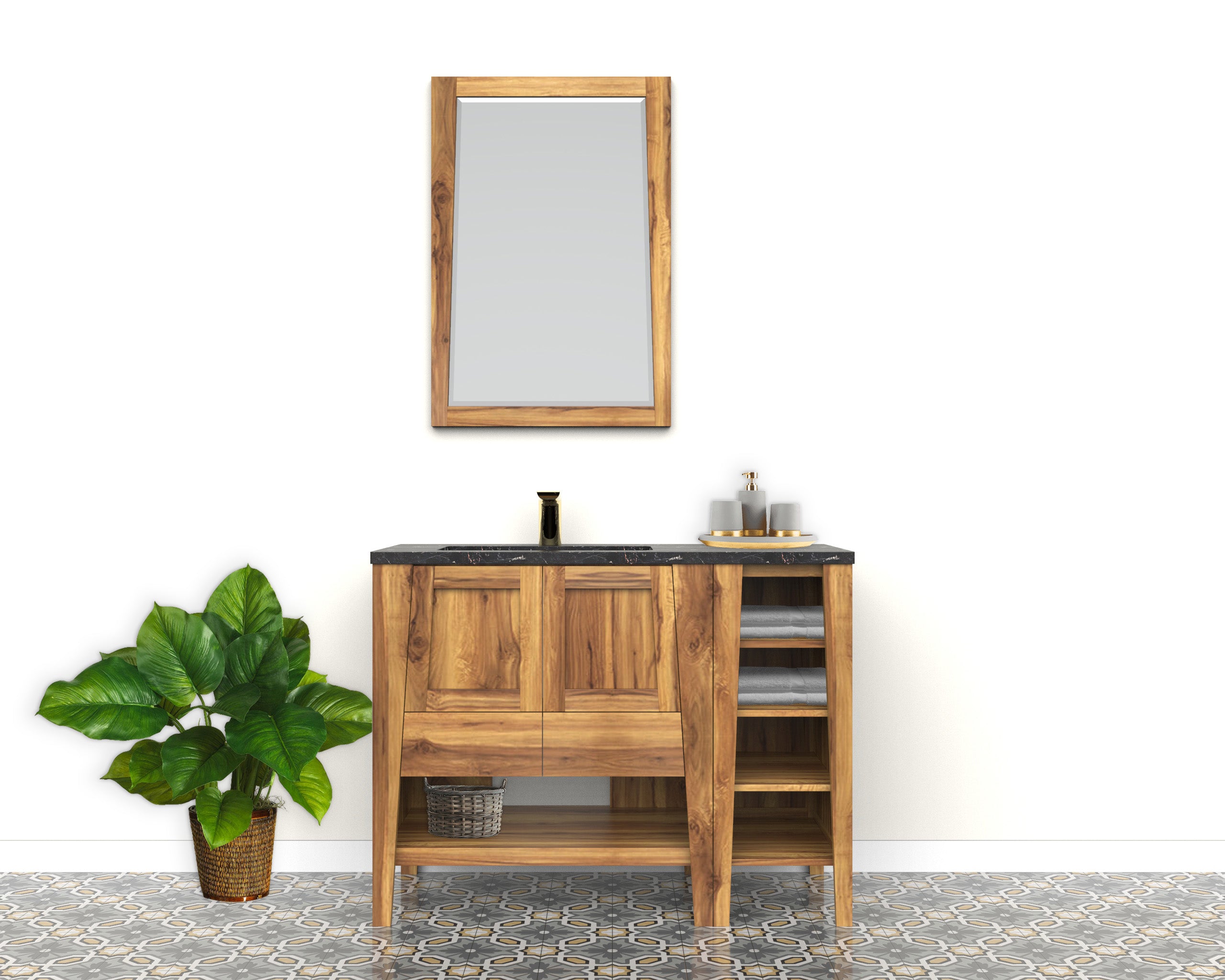 Significado® 30" Teak Wood Bathroom Vanity - Signifiacado® 12”L Modular Compact Side Vanity with Shelves - Significado® 24" x 35" Teak Wood Wall Mirror