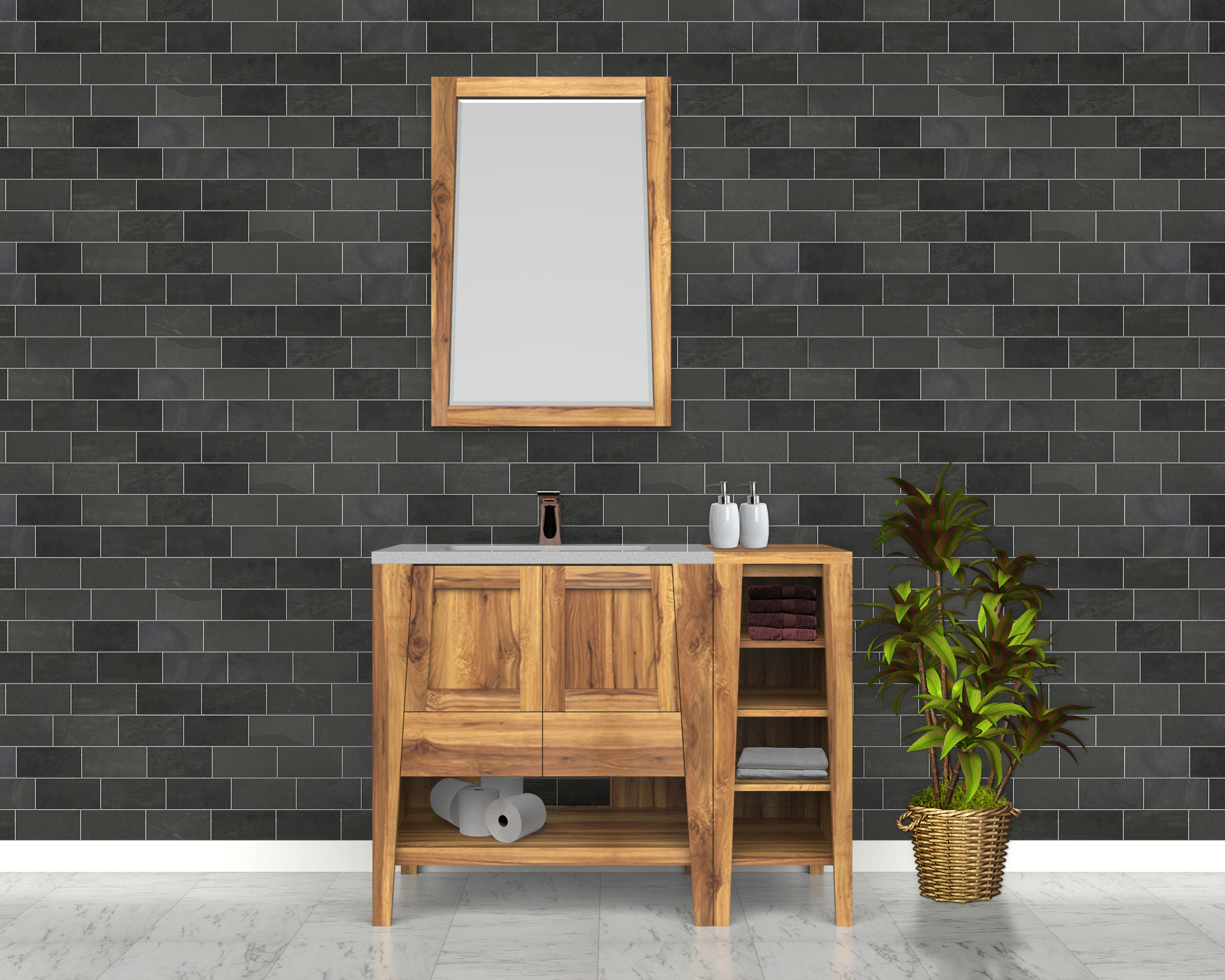 Significado® 30" Teak Wood Bathroom Vanity -  Signifiacado® 12”L Modular Compact Side Vanity with Shelves - Significado® 24" x 35" Teak Wood Wall Mirror