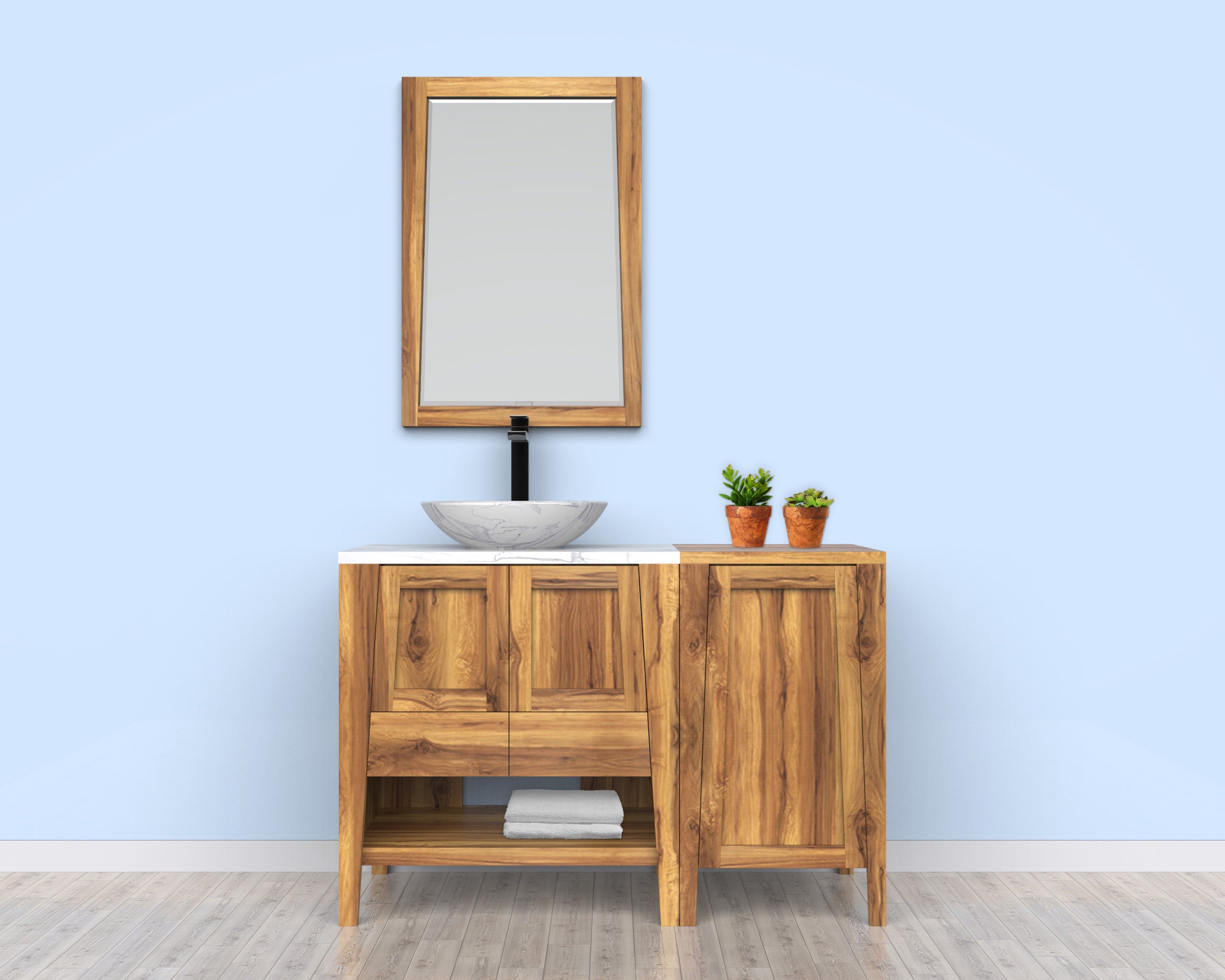 Significado® 30" Teak Wood Bathroom Vanity - Signifiacado® 18”L Modular Compact Side Vanity with Door- Significado® 24" x 35" Teak Wood Wall Mirror