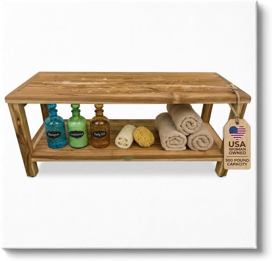 EcoDecors® Eleganto® 36" Teak Wood Shower Bench with Shelf in EarthyTeak® Finish