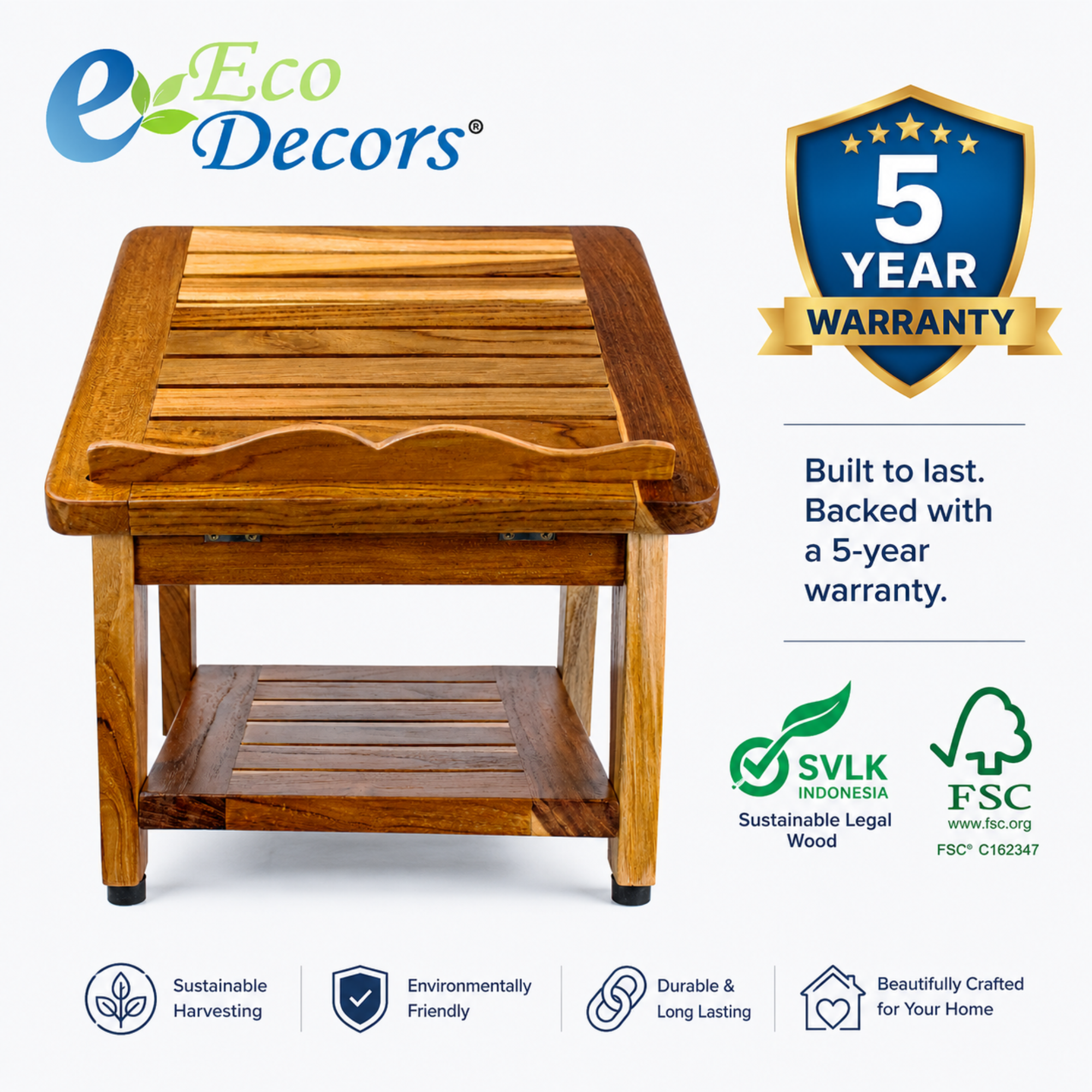 Foot Stool for Under Desk & Living Room – Solid Teak Wood Ottoman Foot Rest Stool with Storage Shelf, Non-Slip Feet & Waterproof Finish for Home, Bathroom & Spa Use