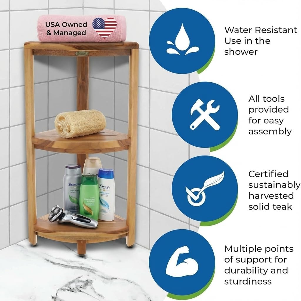 EcoDecors® SnazzyCorner® 32" Teak Wood 3-Tier Corner Shelf in EarthyTeak Finish