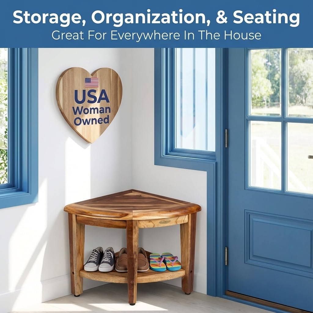 EcoDecors® SnazzyCorner® 18"H Teak Wood Corner Shower Bench with Shelf in EarthyTeak Finish