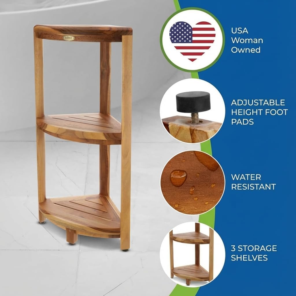 EcoDecors® SnazzyCorner® 32" Teak Wood 3-Tier Corner Shelf in EarthyTeak Finish