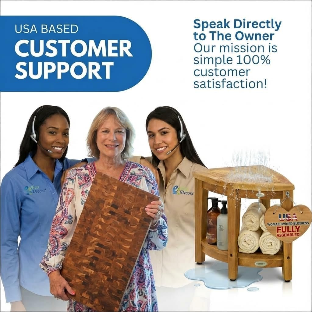 EcoDecors® SnazzyCorner® 18"H Teak Wood Corner Shower Bench with Shelf in EarthyTeak Finish