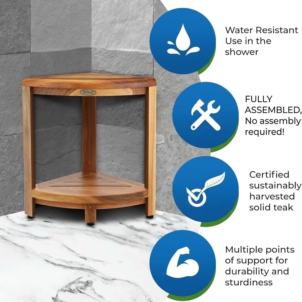 EcoDecors® SnazzyCorner® 18" Teak Wood Corner Footstool with Shelf in EarthyTeak Finish