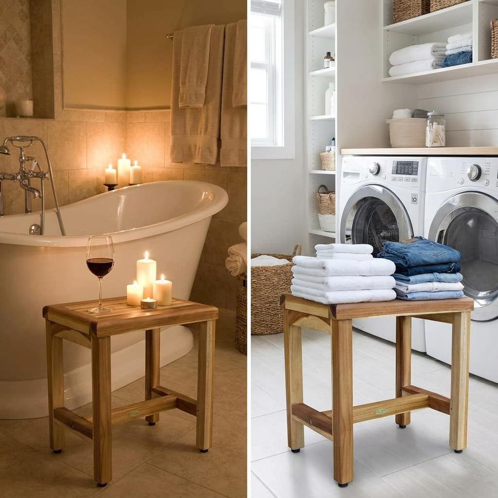 EcoDecors® Eleganto® 18" Teak Wood Shower Bench in EarthyTeak Finish