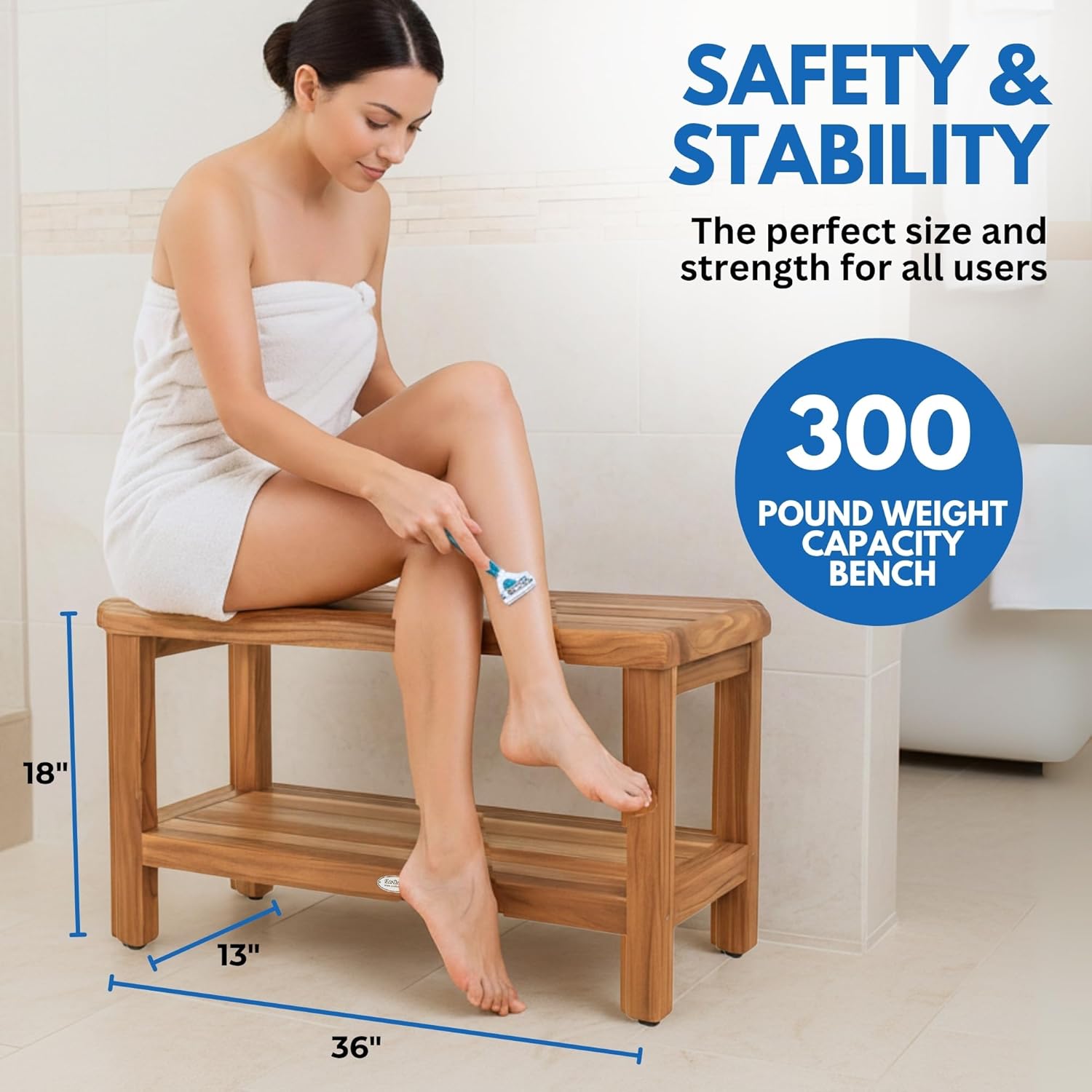 EcoDecors® Eleganto® 36" Teak Wood Shower Bench with Shelf in EarthyTeak® Finish