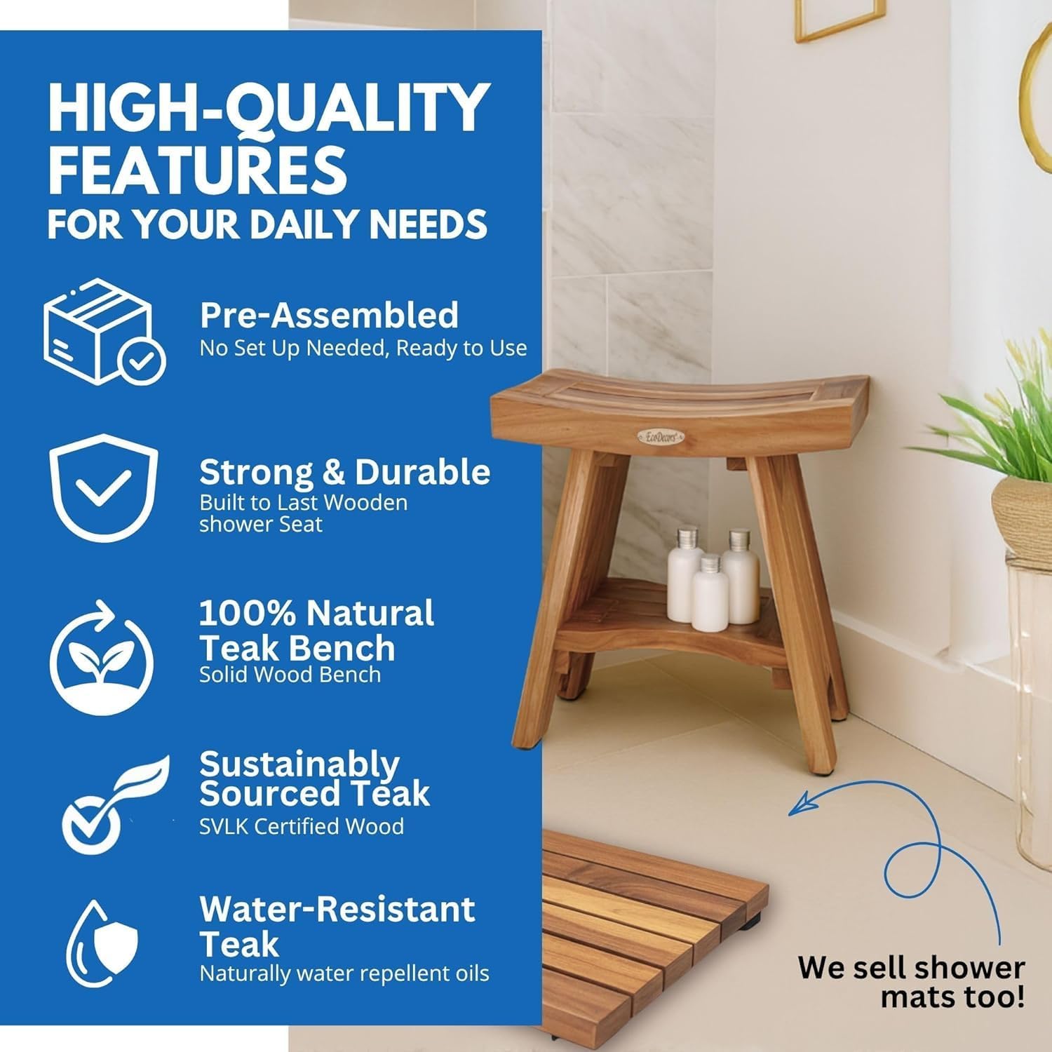 EcoDecors® Serenity® 18" Teak Wood Shower Bench with Shelf in EarthyTeak Finish, Fully Assembled, Water-Resistant, Compact Bathroom & Shower Seat