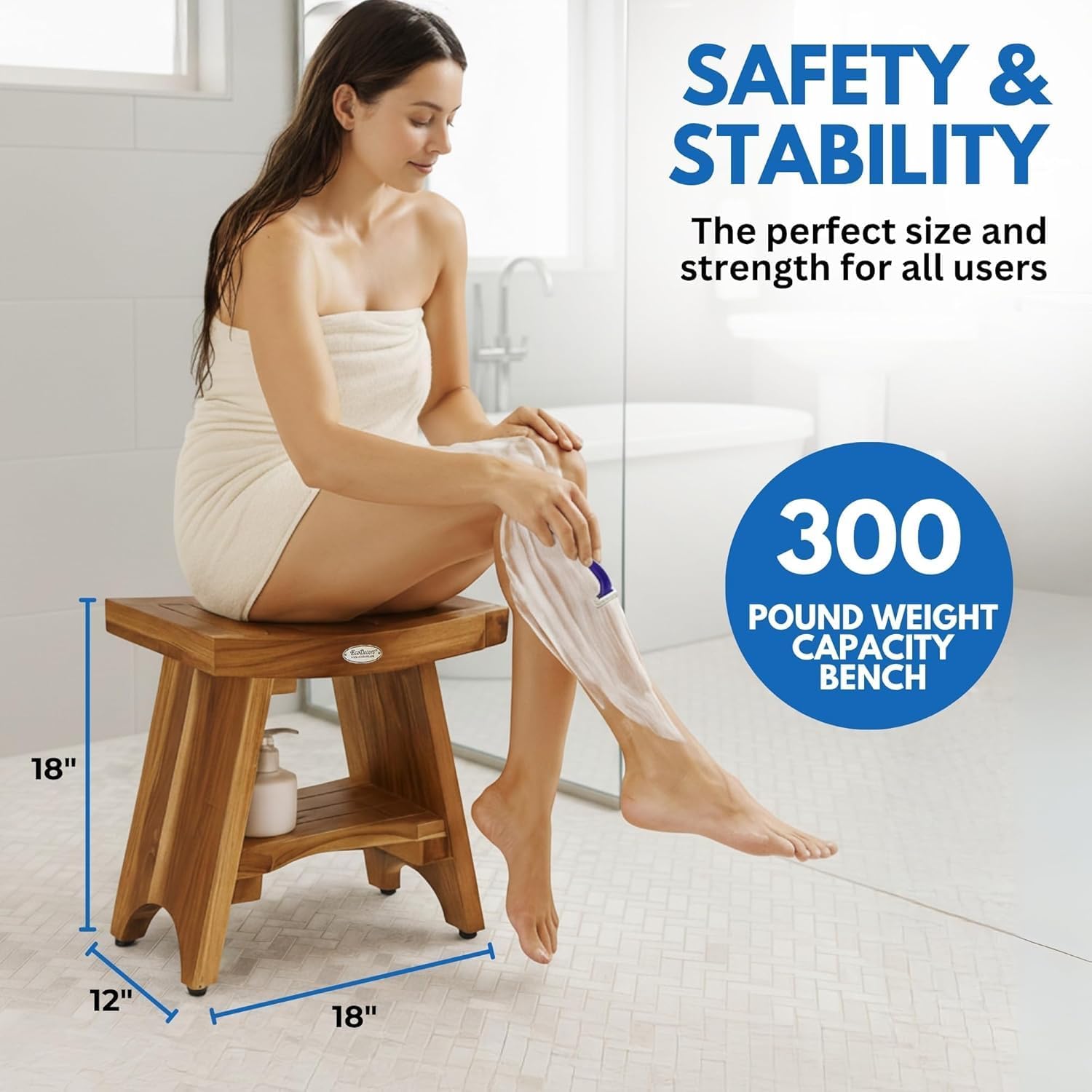 EcoDecors® Serenity® 18" Teak Wood Shower Bench with Shelf in EarthyTeak Finish