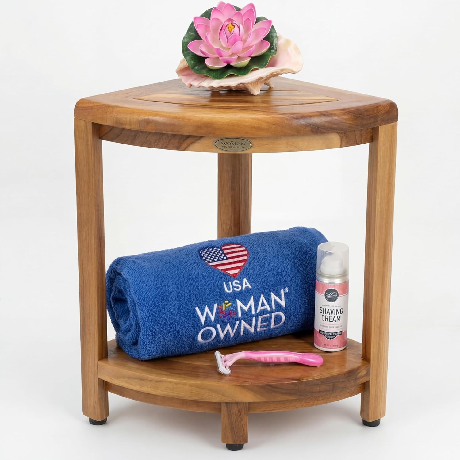 EcoDecors® SnazzyCorner® 18" Teak Wood Corner Shower Bench with Shelf in EarthyTeak Finish, Fully Assembled, Corner Seat for Bathroom & Outdoor Use