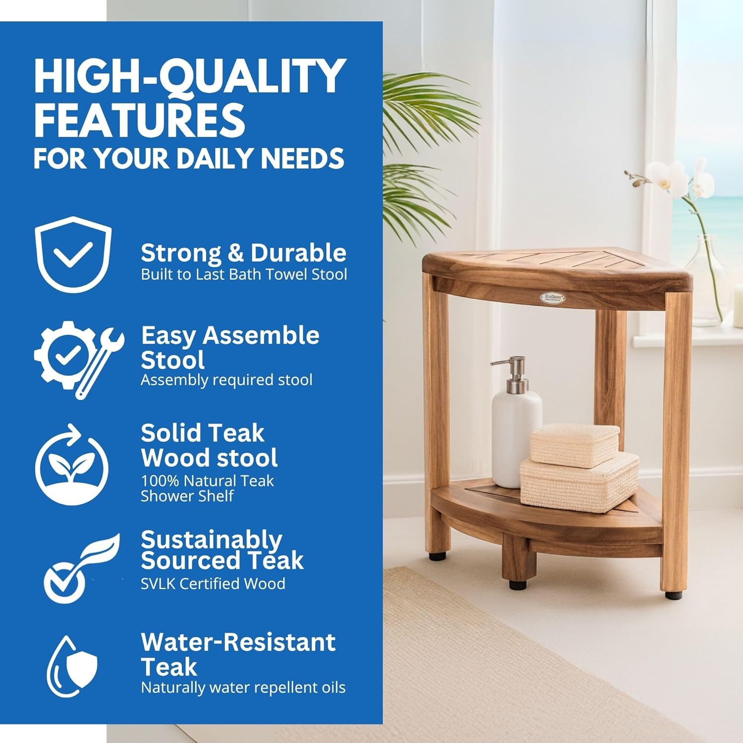 EcoDecors® SnazzyCorner® 18" Teak Wood Corner Footstool with Shelf in EarthyTeak Finish