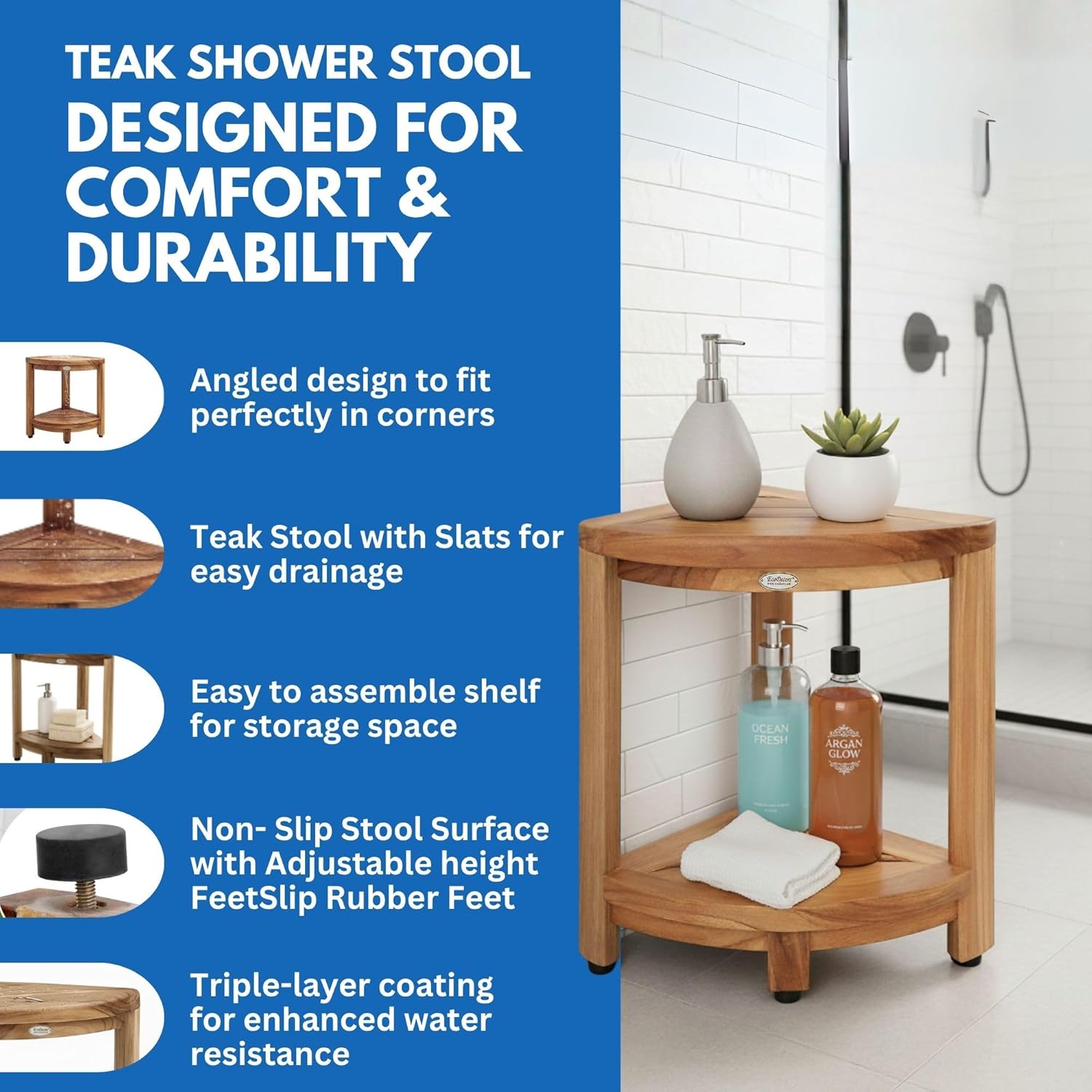 EcoDecors® SnazzyCorner® 18" Teak Wood Corner Footstool with Shelf in EarthyTeak Finish