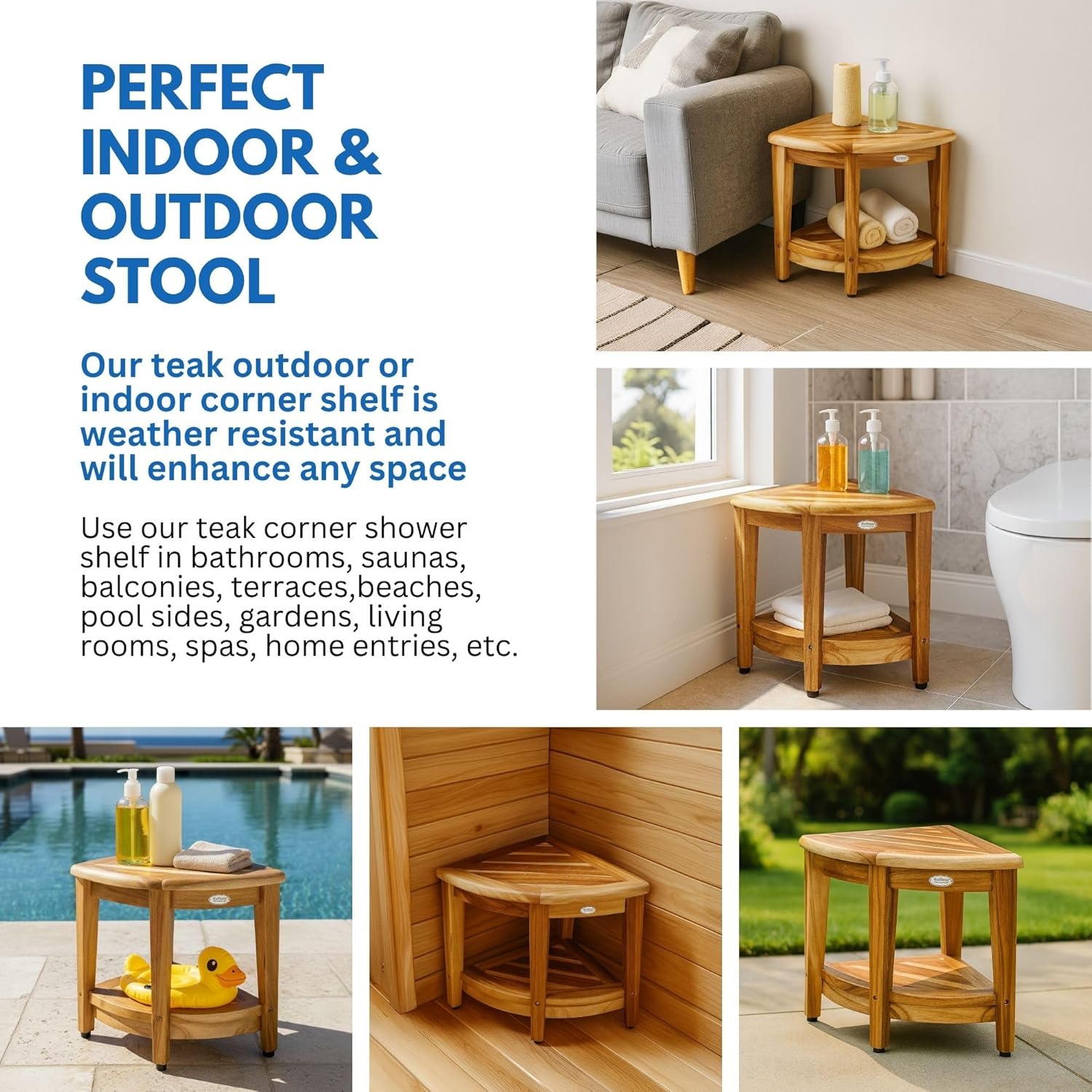 EcoDecors® SnazzyCorner® 18"H Teak Wood Corner Shower Bench with Shelf in EarthyTeak Finish