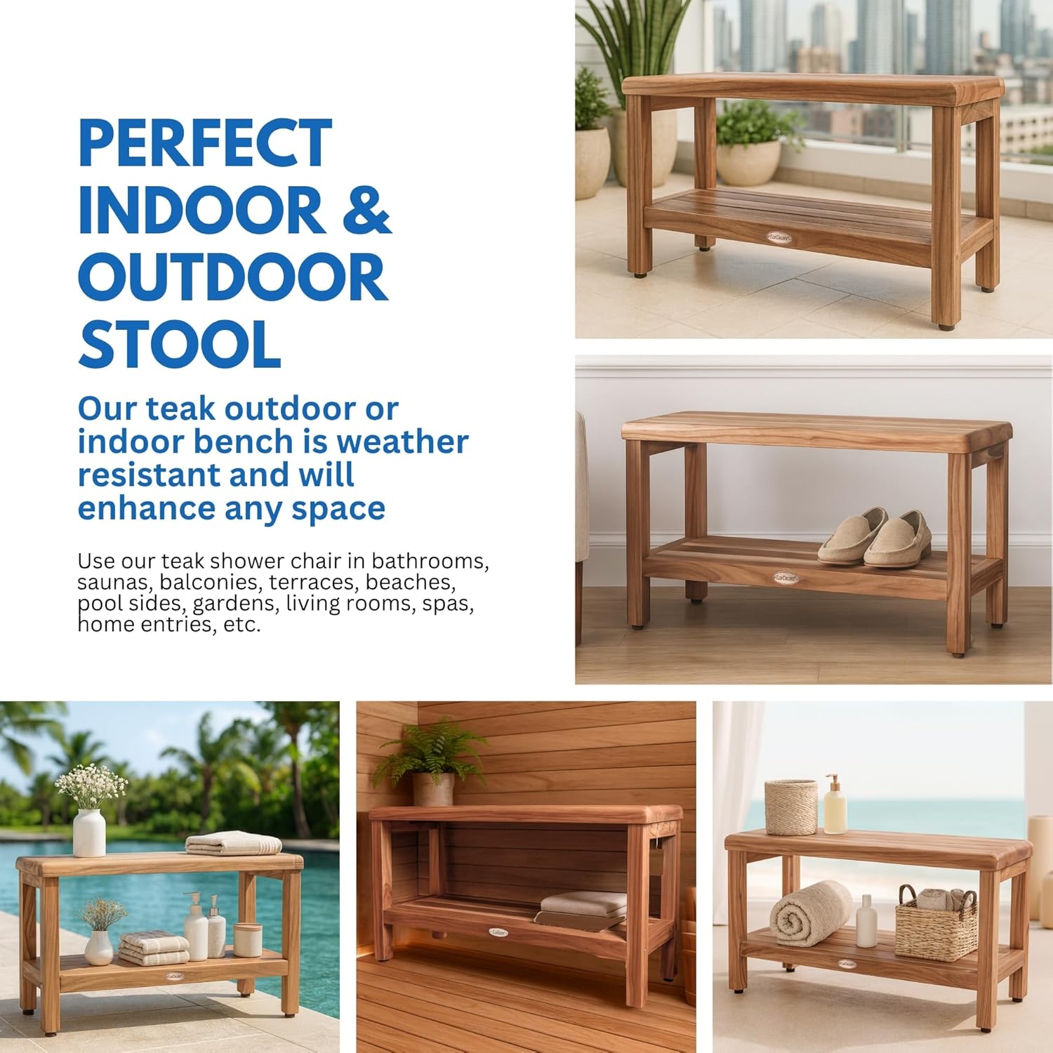 EcoDecors® Eleganto® 36" Teak Wood Shower Bench with Shelf in EarthyTeak® Finish