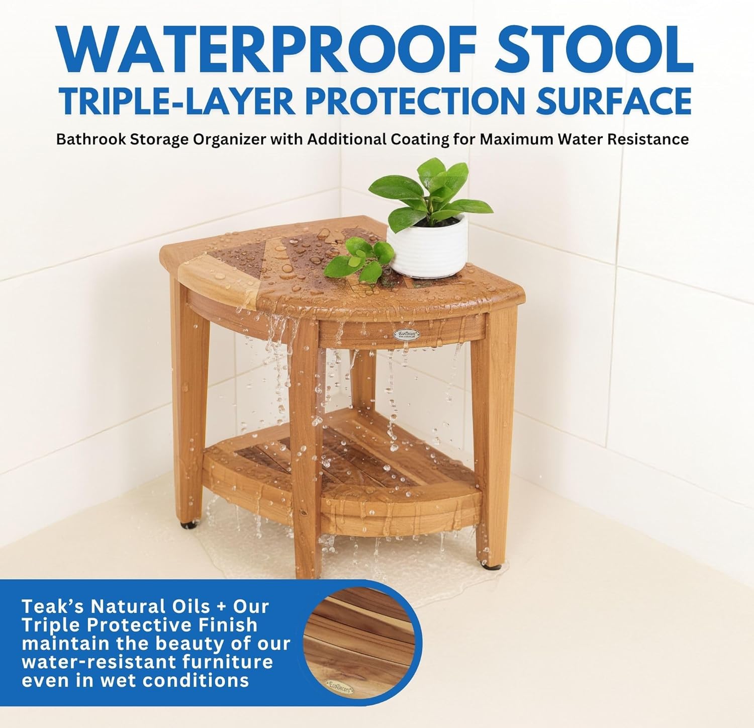 EcoDecors® SnazzyCorner® 18"H Teak Wood Corner Shower Bench with Shelf in EarthyTeak Finish