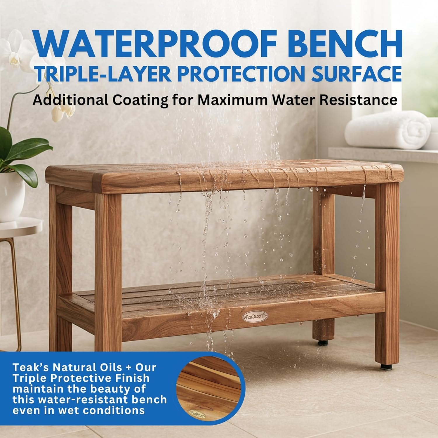 EcoDecors® Eleganto® 36" Teak Wood Shower Bench with Shelf in EarthyTeak® Finish