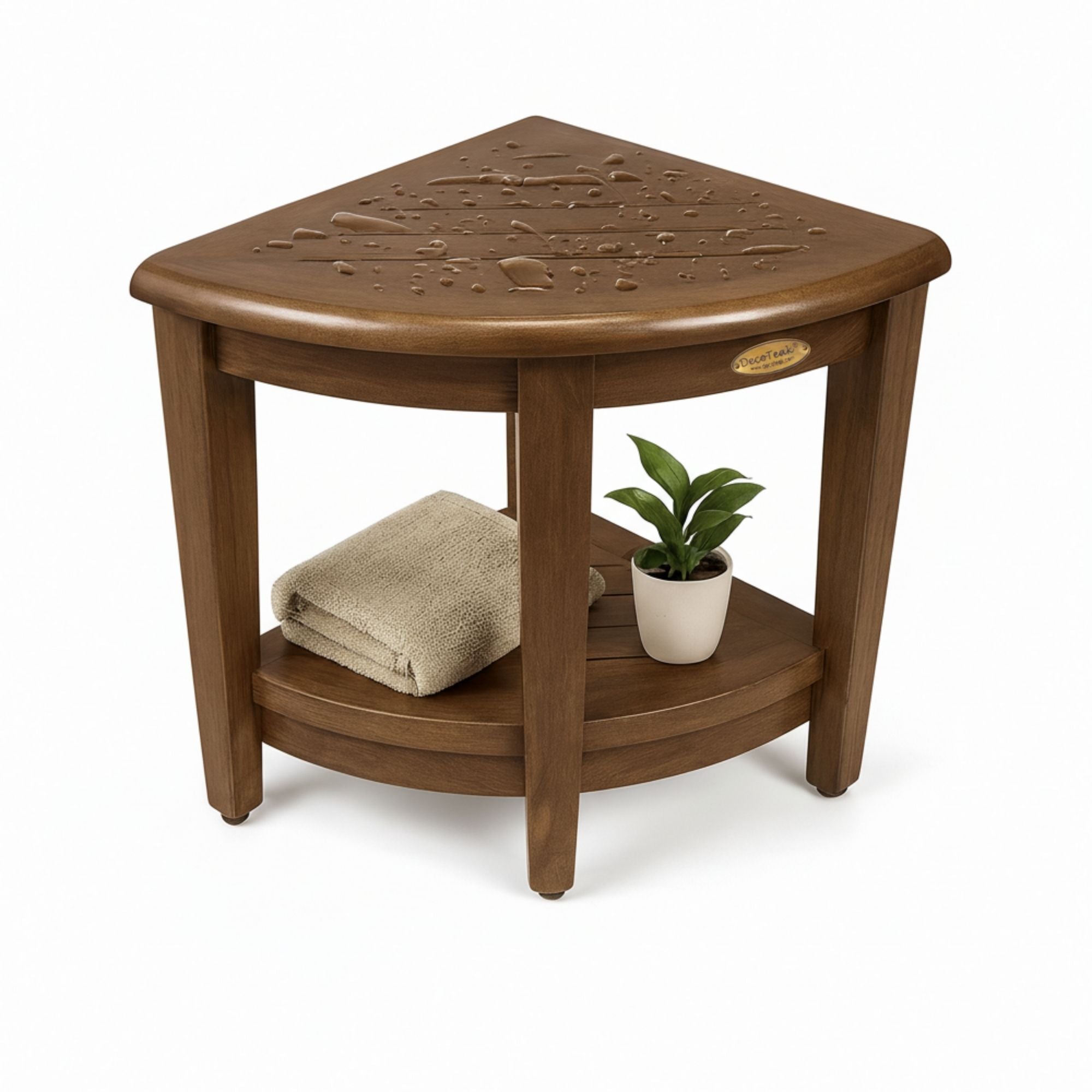 DecoTeak® SnazzyCorner® 18" Teak Wood Wide Corner Shower Bench with Shelf in Woodland Brown Finish
