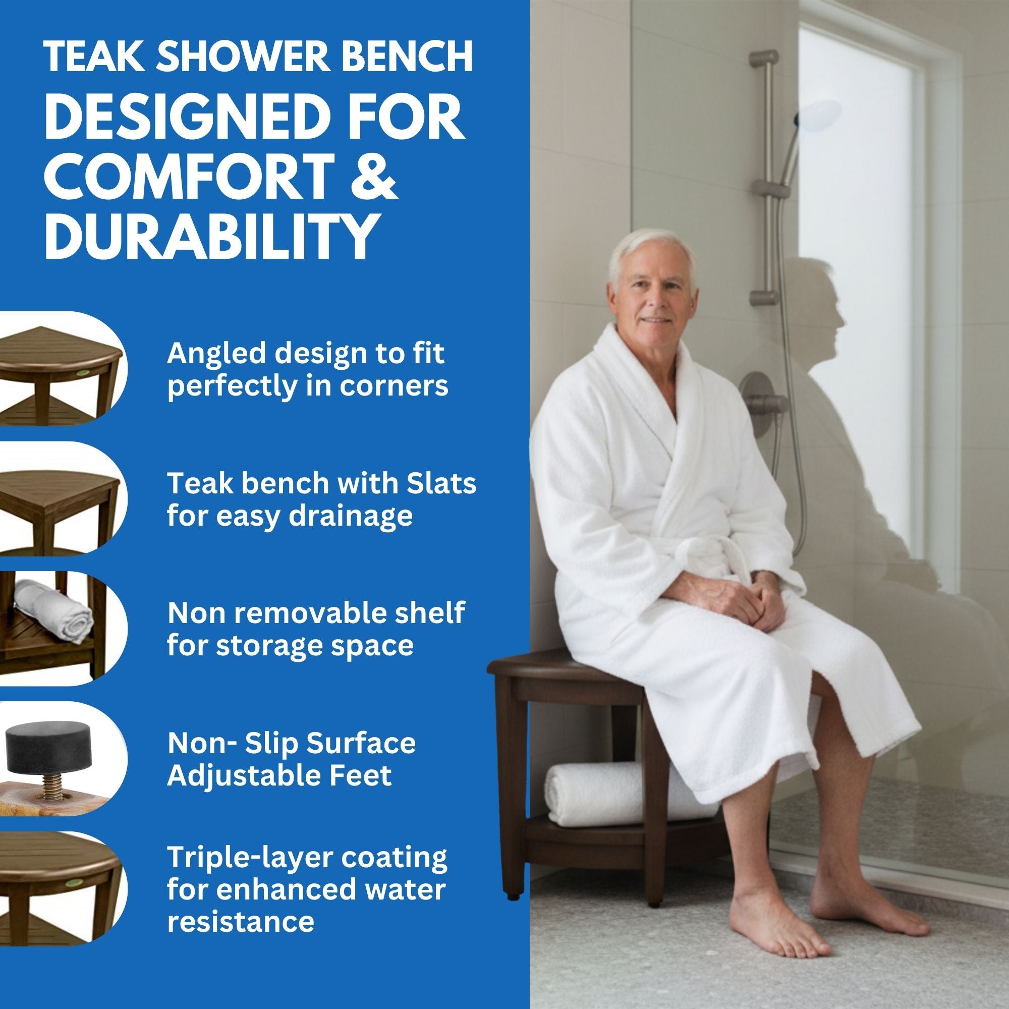 DecoTeak® SnazzyCorner® 18" Teak Wood Wide Corner Shower Bench with Shelf in Woodland Brown Finish