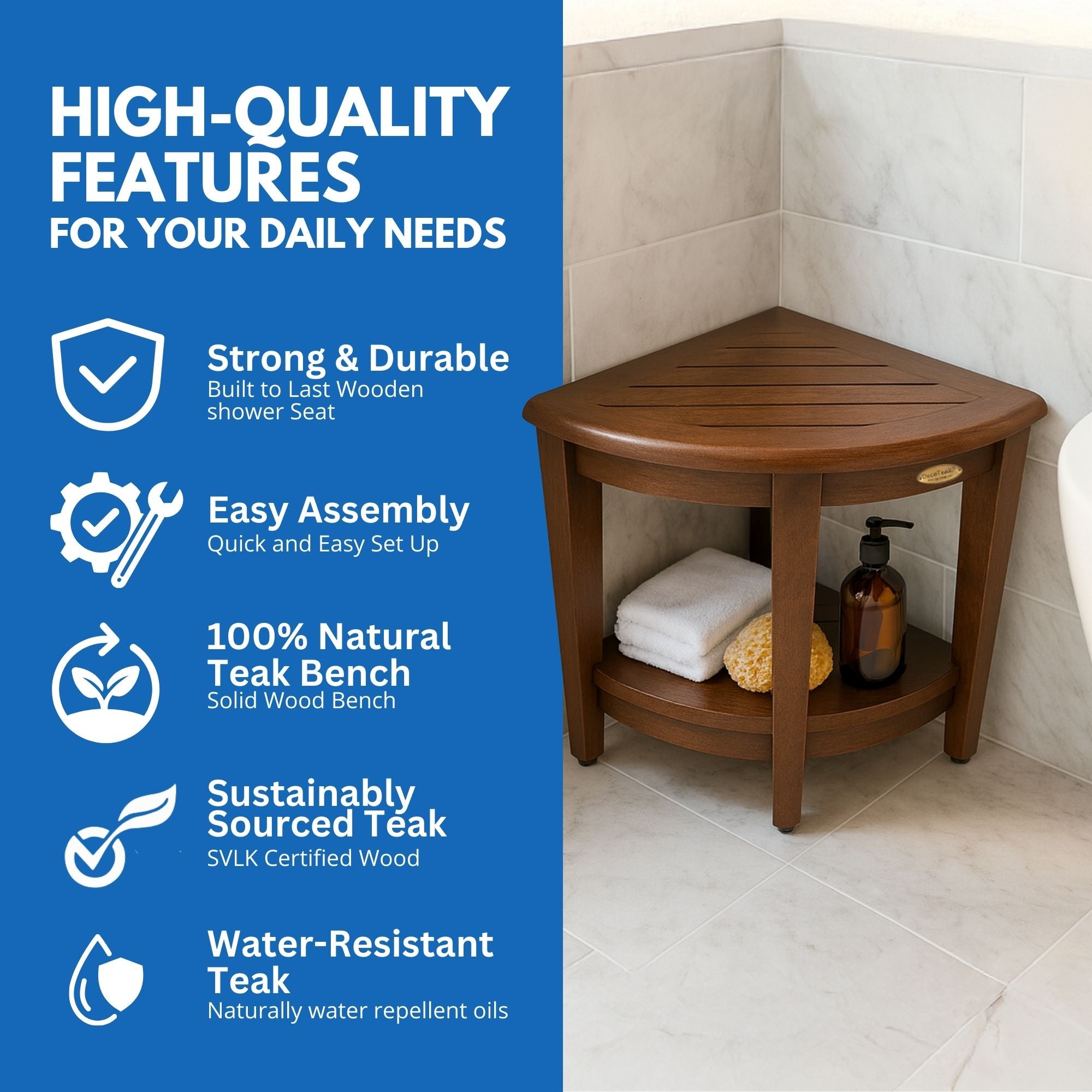 DecoTeak® SnazzyCorner® 18" Teak Wood Wide Corner Shower Bench with Shelf in Woodland Brown Finish