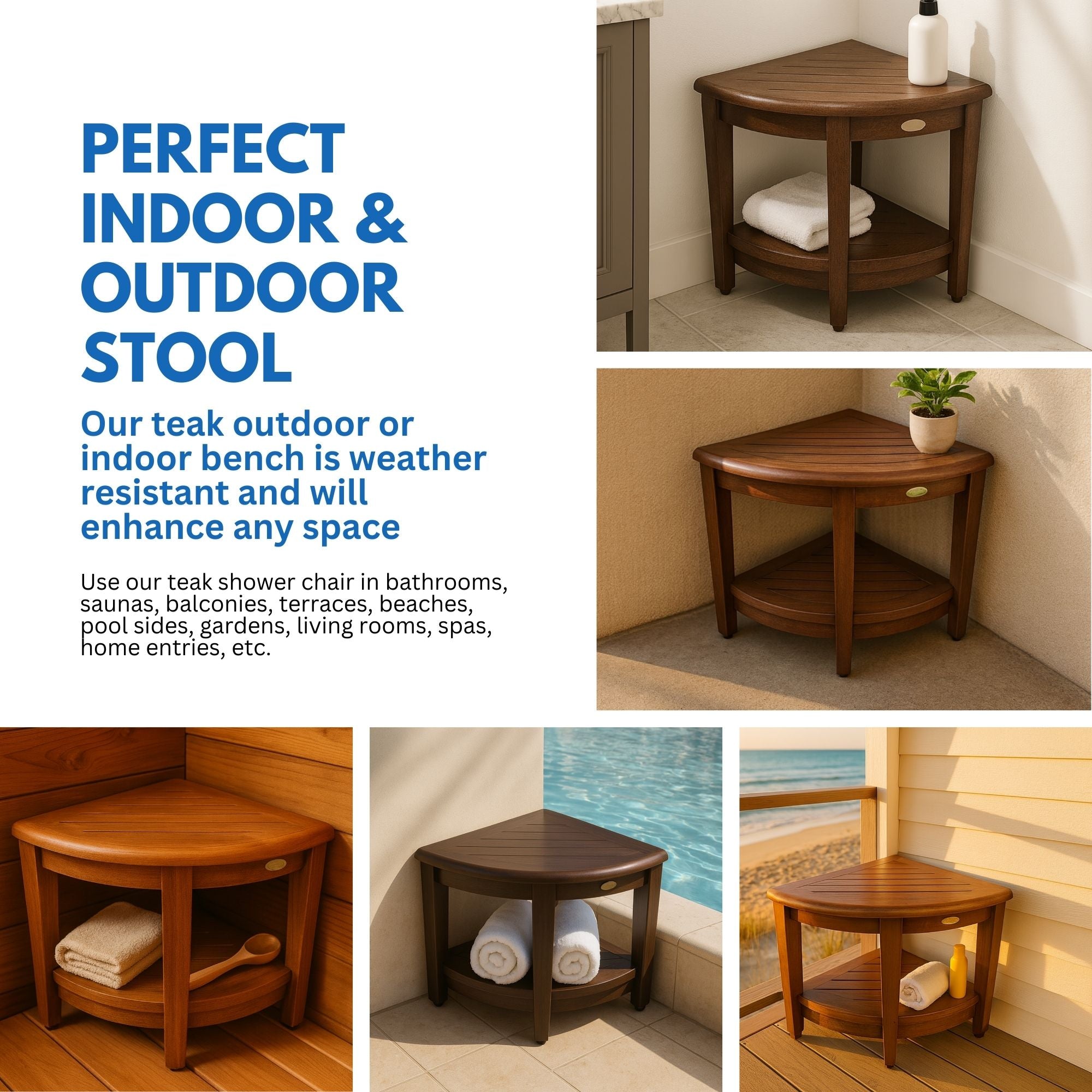 DecoTeak® SnazzyCorner® 18" Teak Wood Wide Corner Shower Bench with Shelf in Woodland Brown Finish