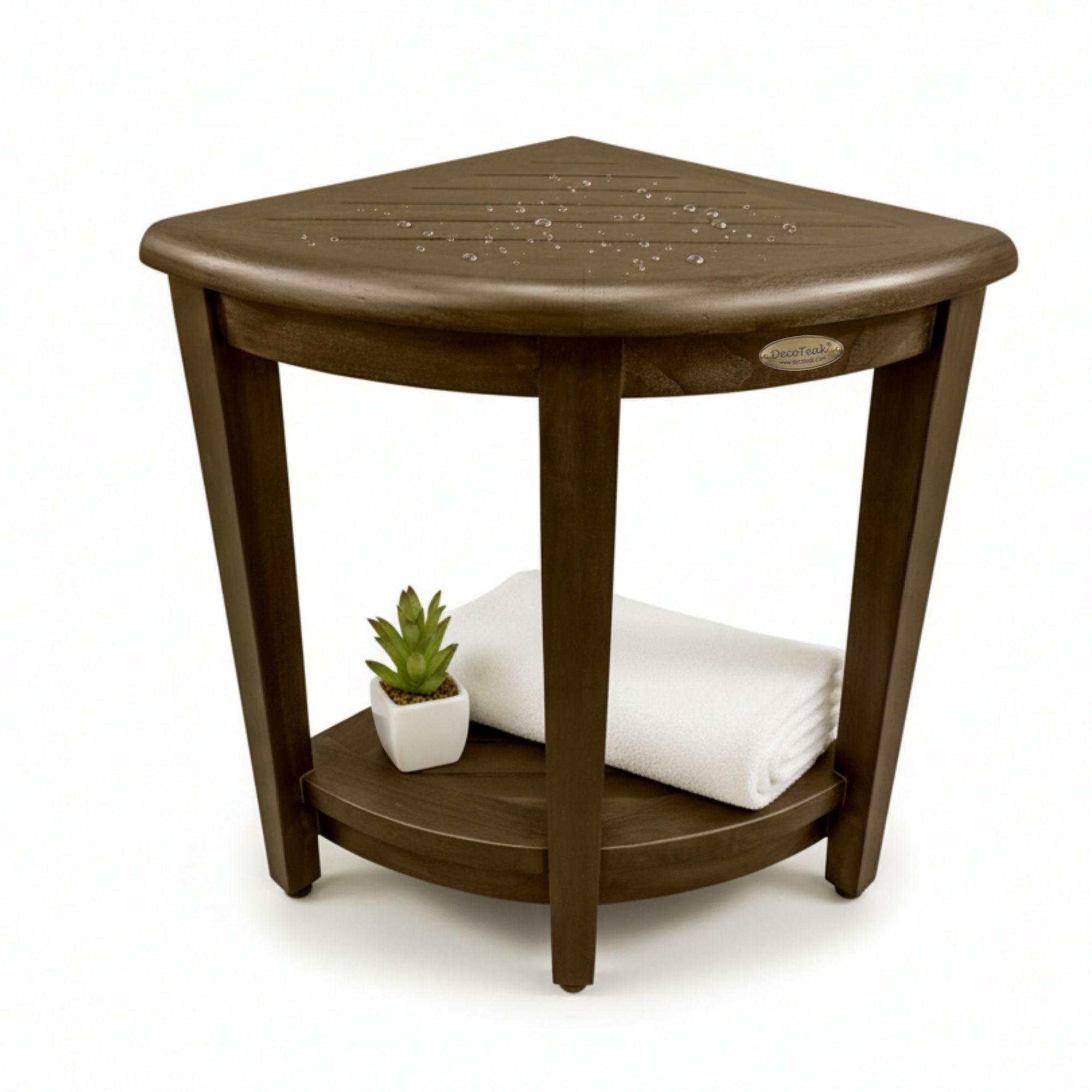 DecoTeak® SnazzyCorner® 23" Teak Wood Extended Height Corner Shower Bench with Shelf in Woodland Brown Finish - Extended Height