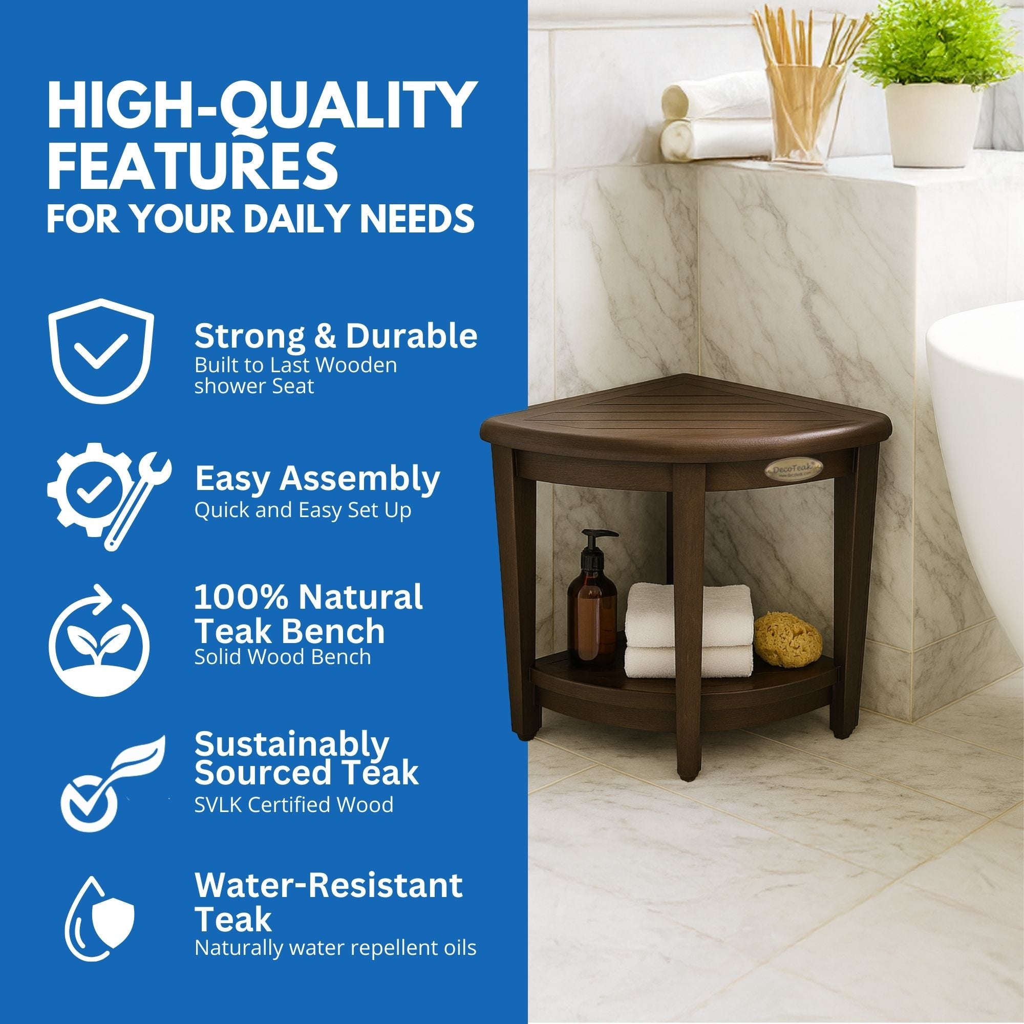 DecoTeak® SnazzyCorner® 23" Teak Wood Extended Height Corner Shower Bench with Shelf in Woodland Brown Finish - Extended Height