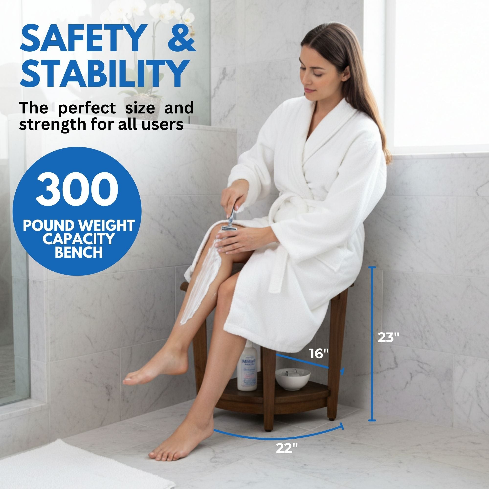 DecoTeak® SnazzyCorner® 23" Teak Wood Extended Height Corner Shower Bench with Shelf in Woodland Brown Finish - Extended Height