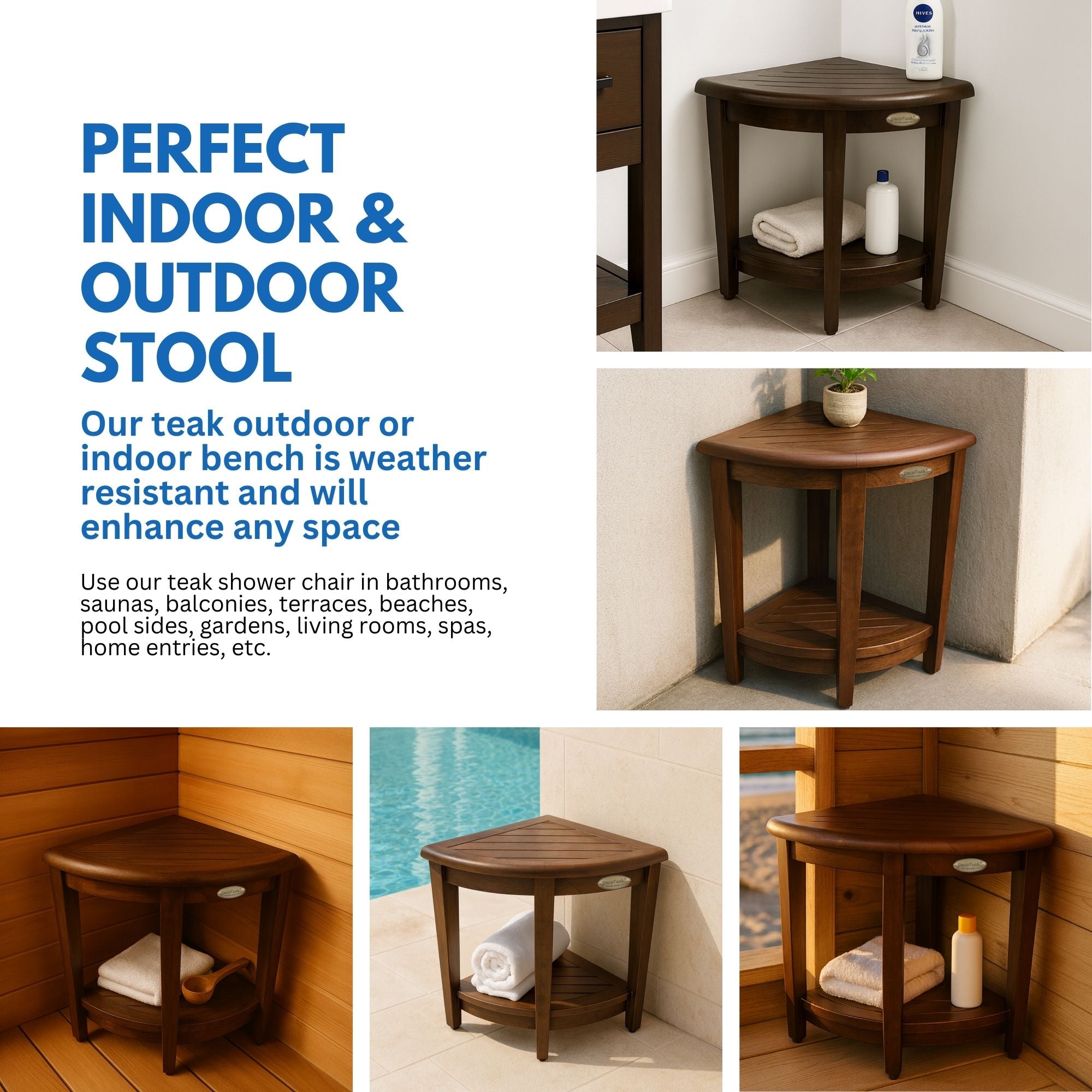 DecoTeak® SnazzyCorner® 23" Teak Wood Extended Height Corner Shower Bench with Shelf in Woodland Brown Finish - Extended Height