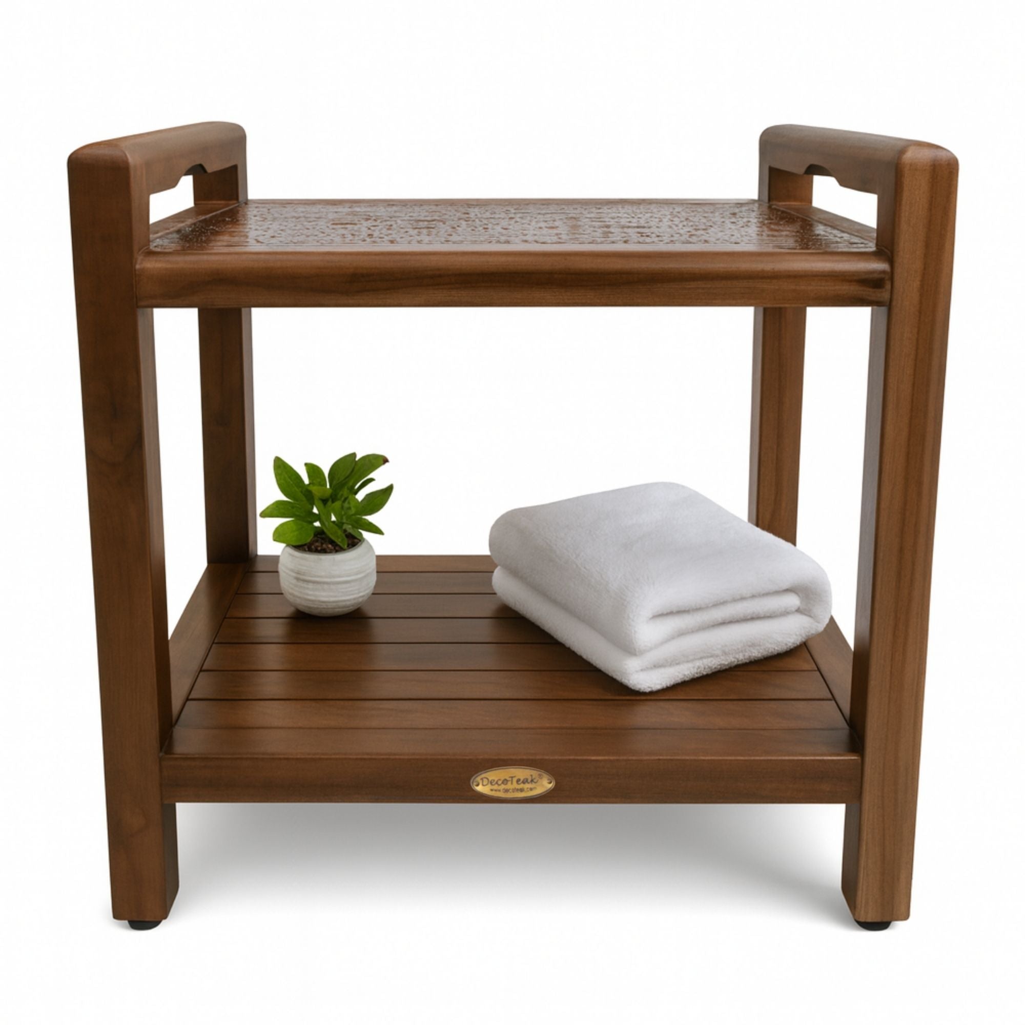 EcoDecors® Eleganto® 20" Teak Wood Shower Bench with LiftAide® Arms and Shelf in EarthyTeak Finish