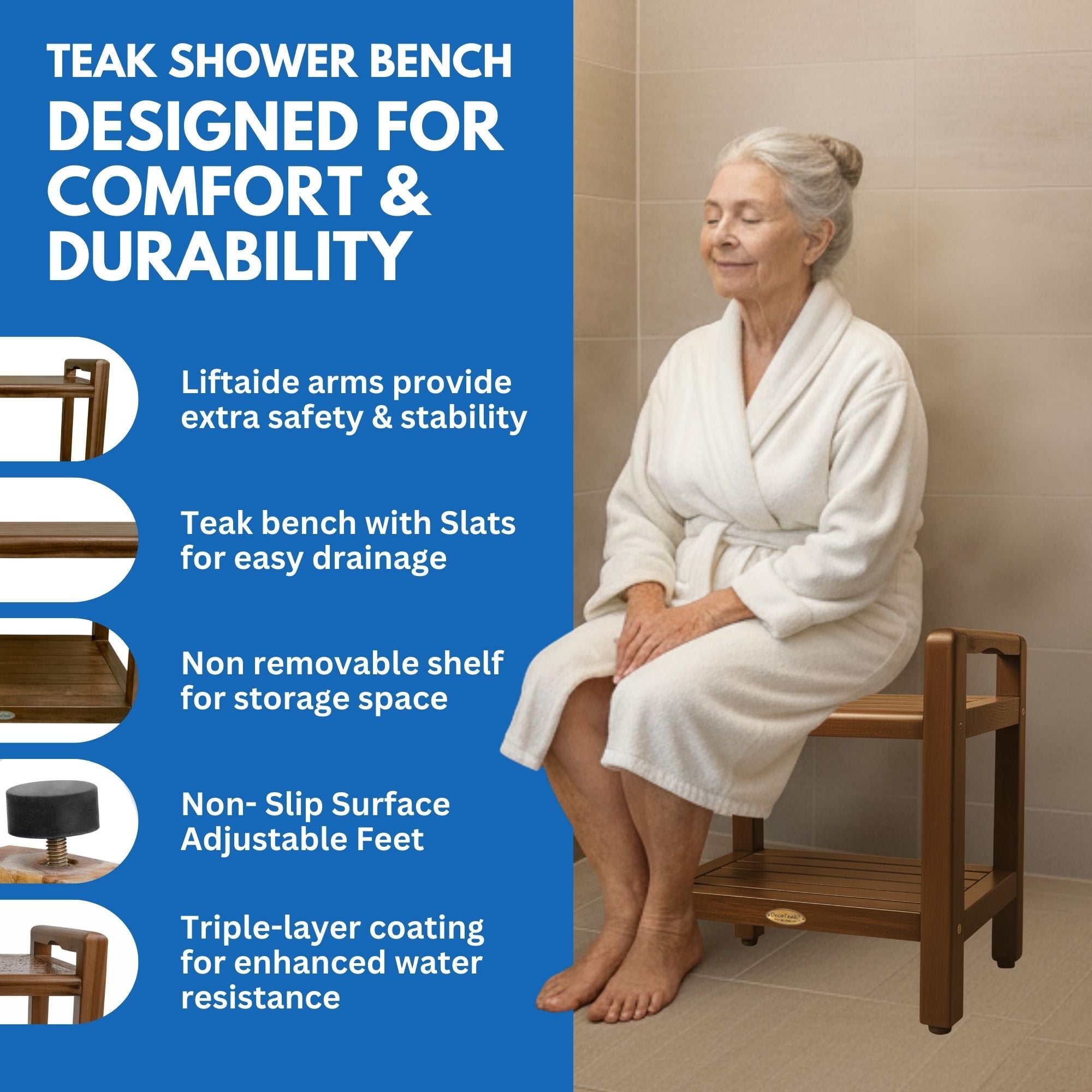 DecoTeak® Eleganto® 21"H Teak Wood Shower Bench with LiftAide® Arms and Shelf in Woodland Brown Finish