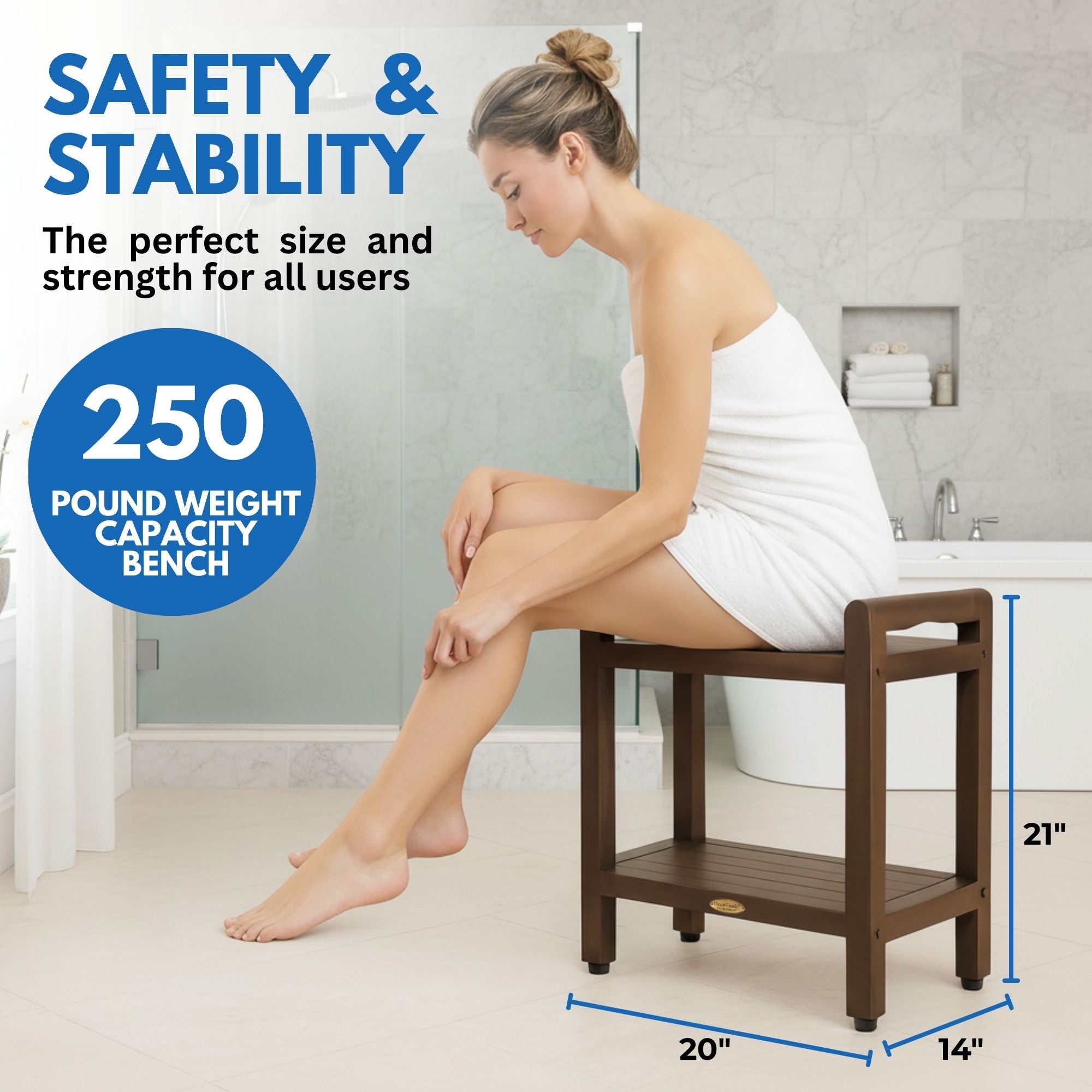 DecoTeak® Eleganto® 21"H Teak Wood Shower Bench with LiftAide® Arms and Shelf in Woodland Brown Finish