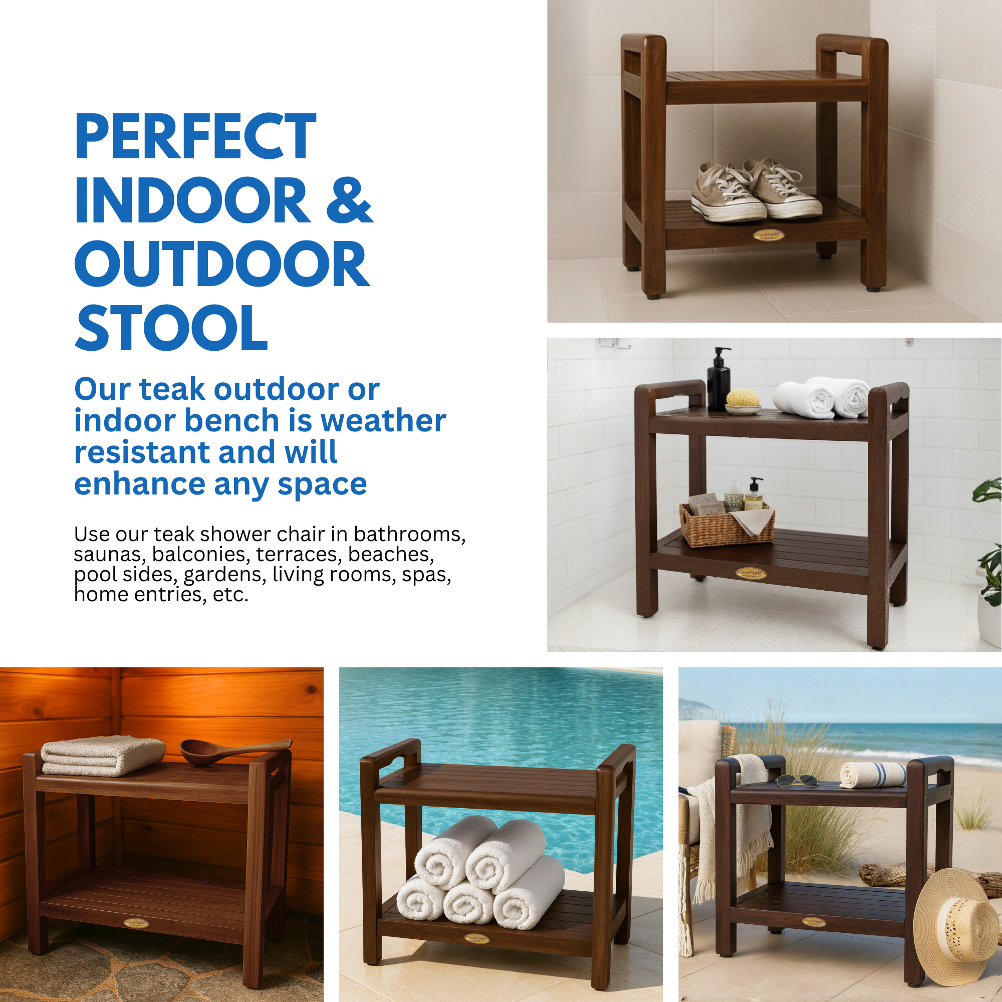 DecoTeak® Eleganto® 21"H Teak Wood Shower Bench with LiftAide® Arms and Shelf in Woodland Brown Finish