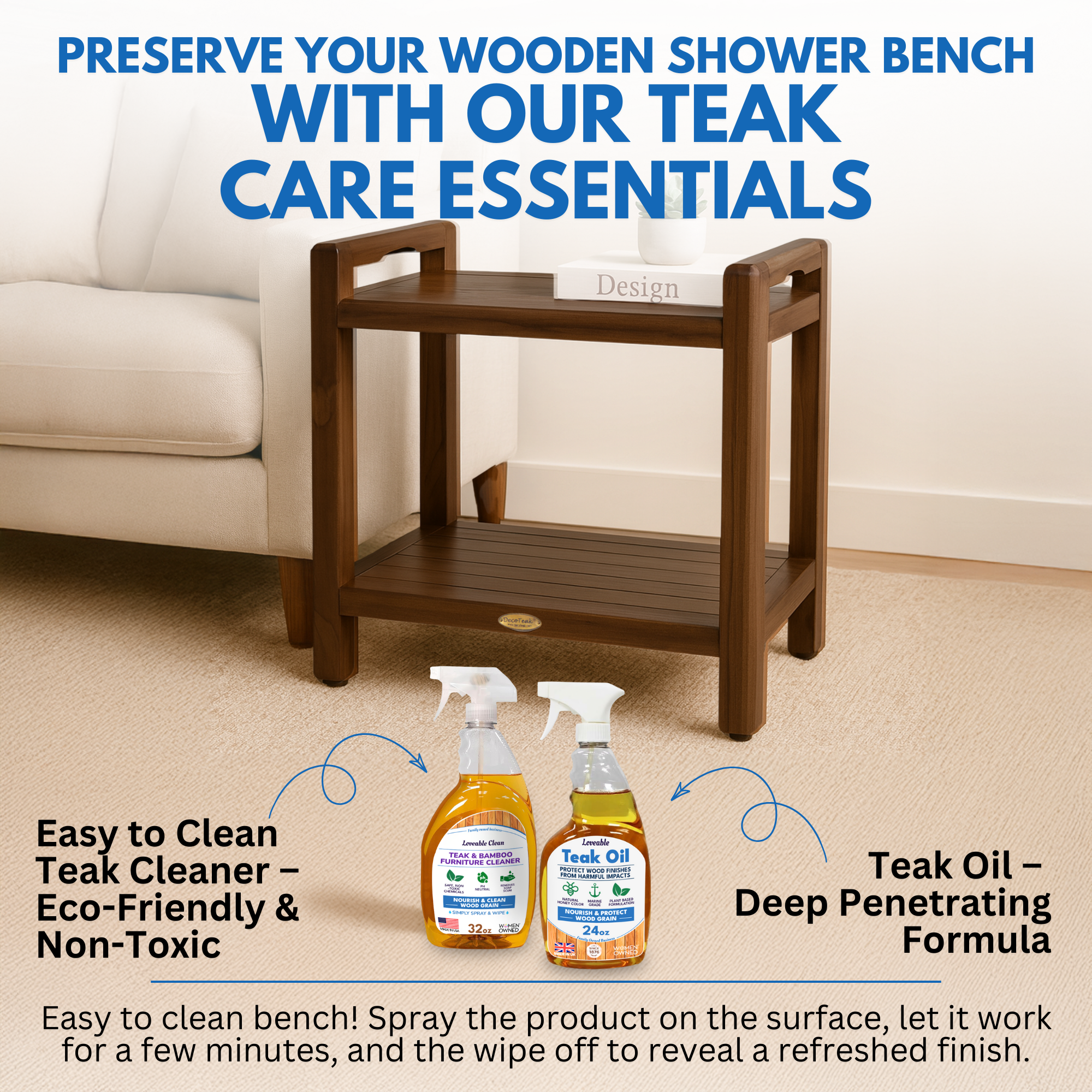 DecoTeak® Eleganto® 21"H Teak Wood Shower Bench with LiftAide® Arms and Shelf in Woodland Brown Finish