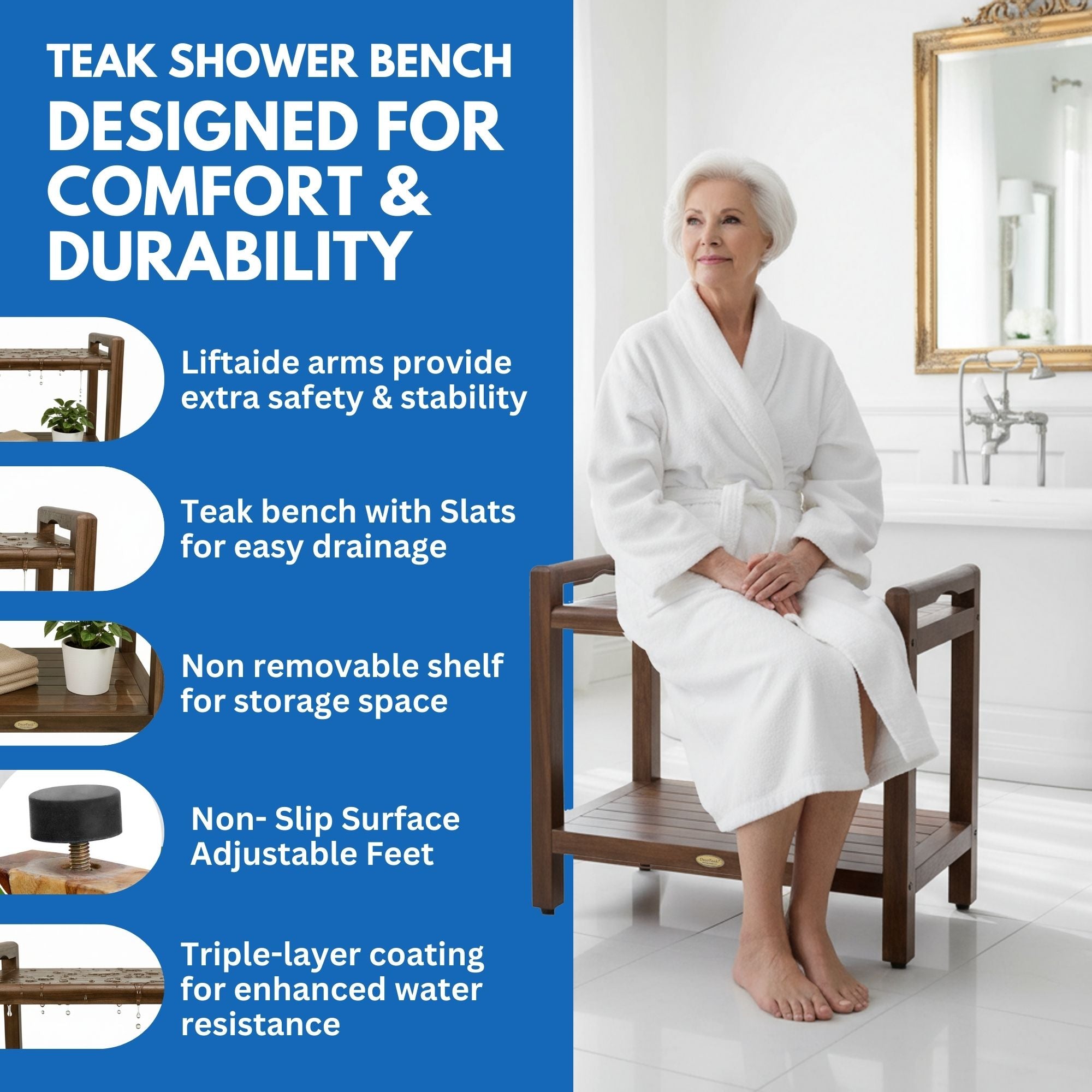 DecoTeak® Eleganto® 20" Teak Wood Shower Bench with LiftAide® Arms in Woodland Brown Finish