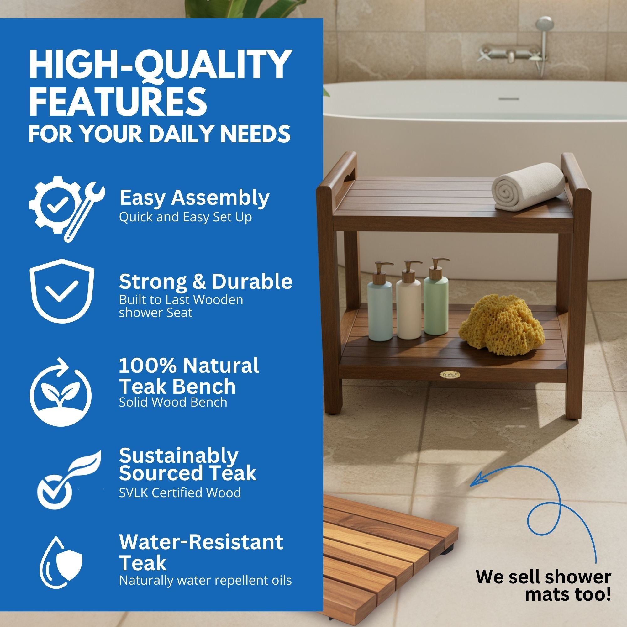 DecoTeak® Eleganto® 20" Teak Wood Shower Bench with LiftAide® Arms in Woodland Brown Finish