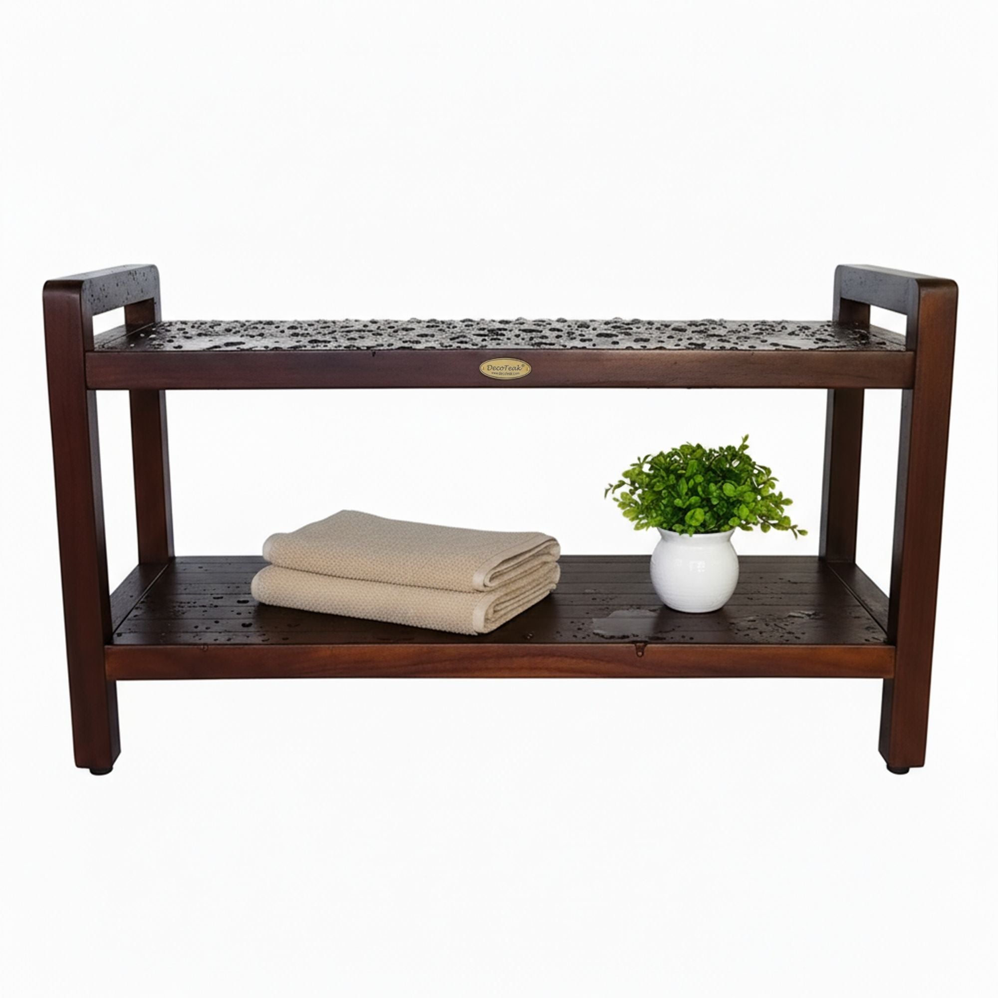 DecoTeak Eleganto 35"L Teak Wood Shower Bench with LiftAide Arms and Shelf in Woodland Brown Finish