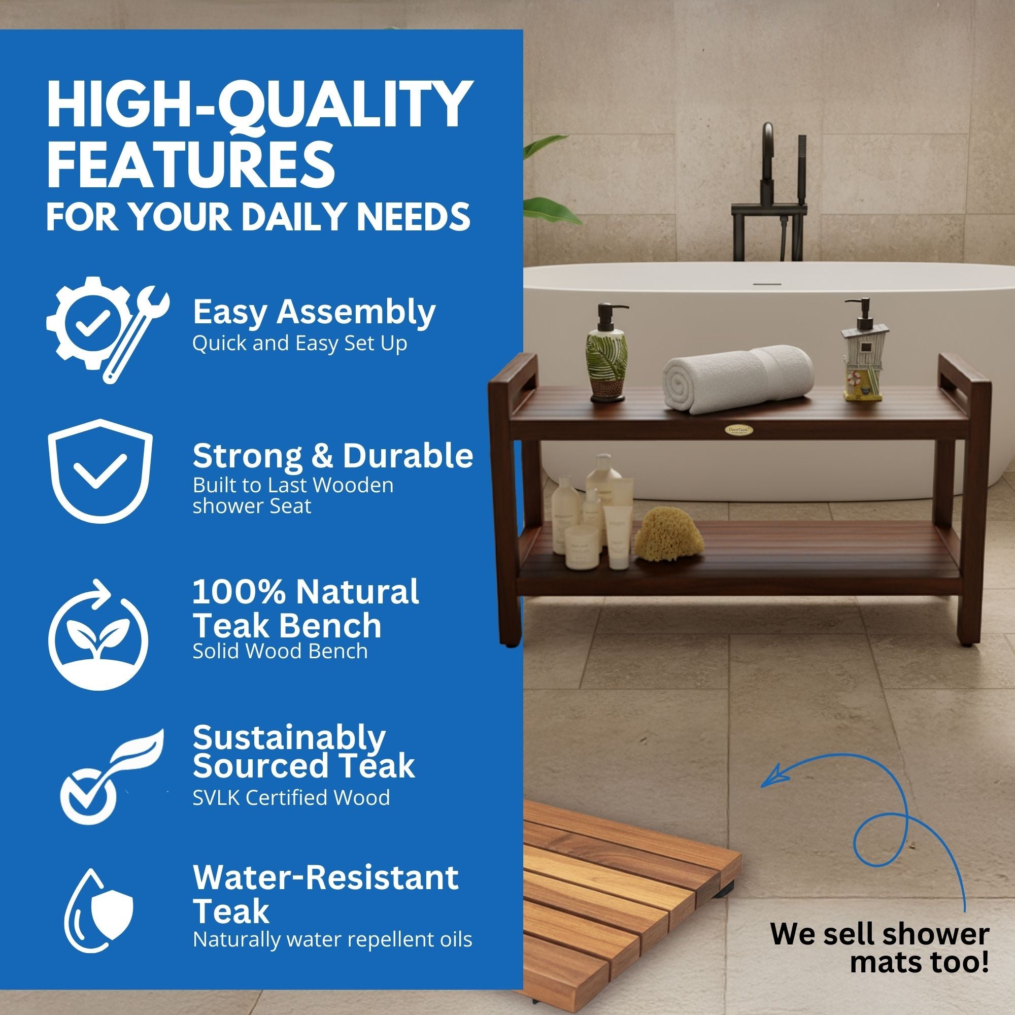 DecoTeak Eleganto 35"L Teak Wood Shower Bench with LiftAide Arms and Shelf in Woodland Brown Finish