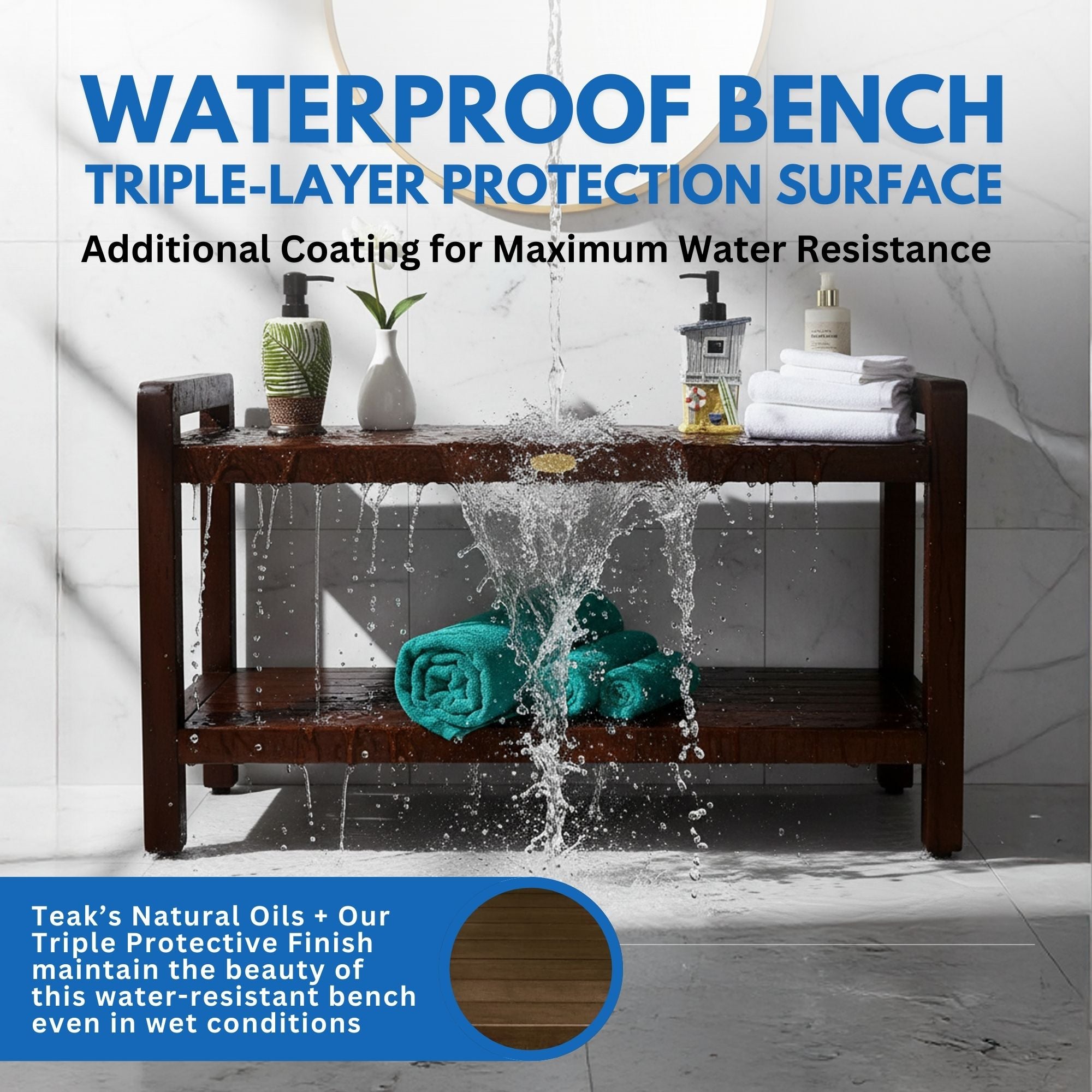 DecoTeak Eleganto 35"L Teak Wood Shower Bench with LiftAide Arms and Shelf in Woodland Brown Finish