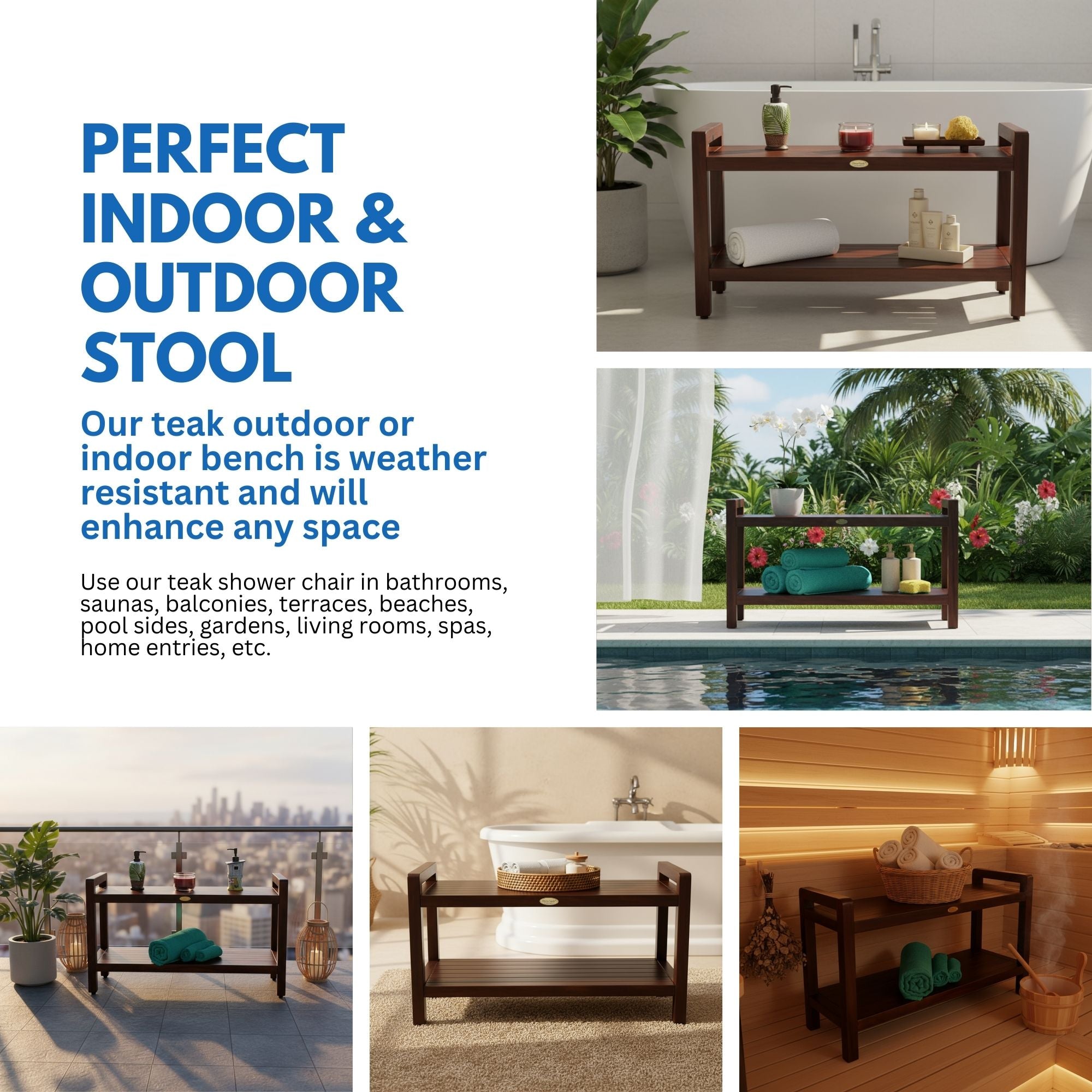 DecoTeak Eleganto 35"L Teak Wood Shower Bench with LiftAide Arms and Shelf in Woodland Brown Finish