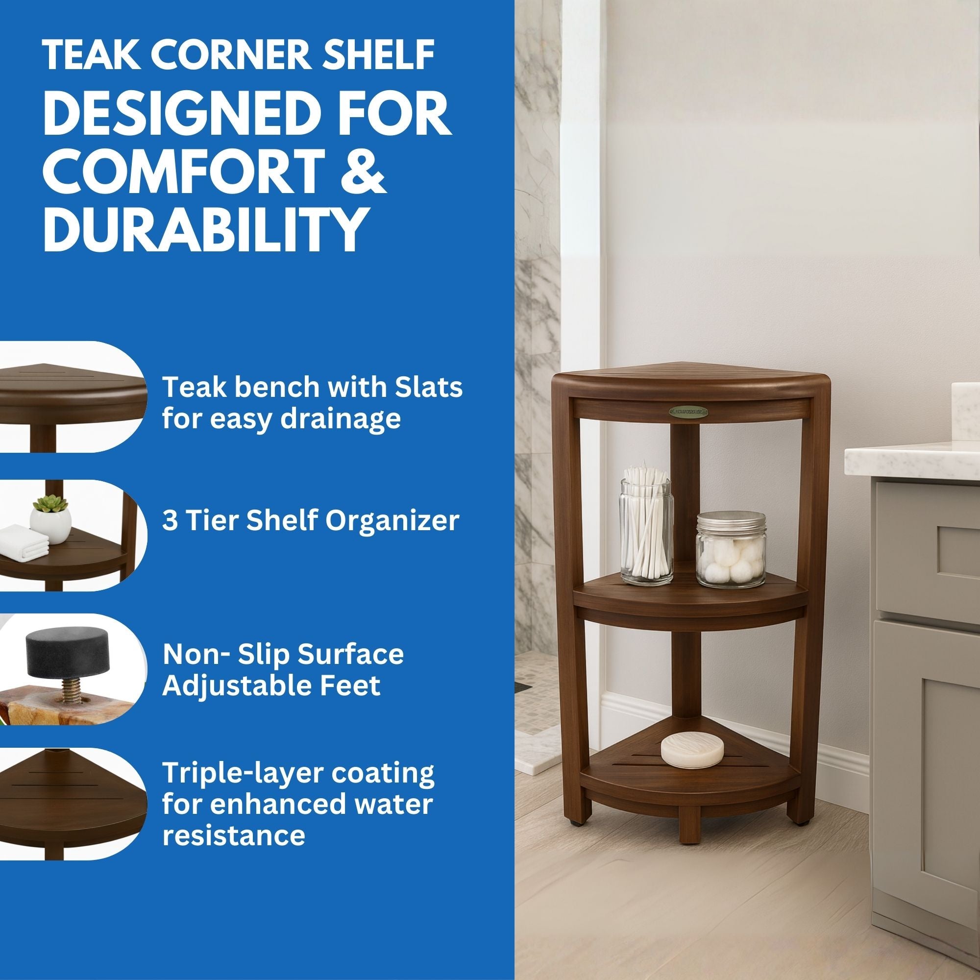 DecoTeak® SnazzyCorner® 33" Teak Wood 3-Tier Corner Shelf in Woodland Brown Finish