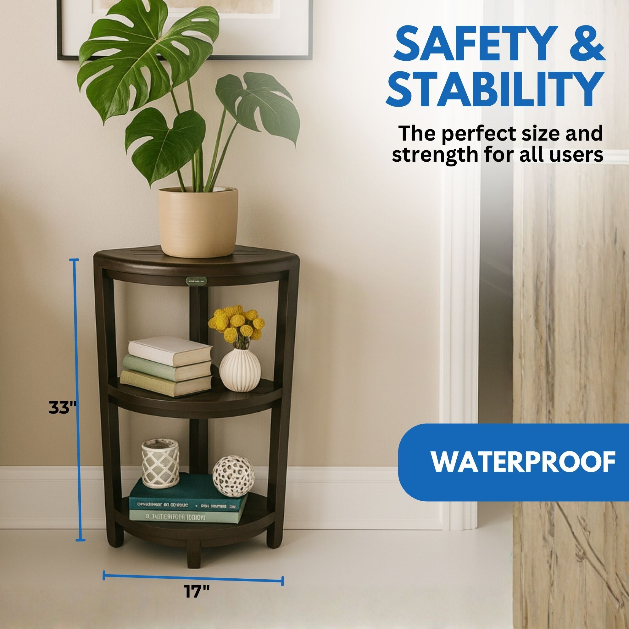 DecoTeak® SnazzyCorner® 33" Teak Wood 3-Tier Corner Shelf in Woodland Brown Finish