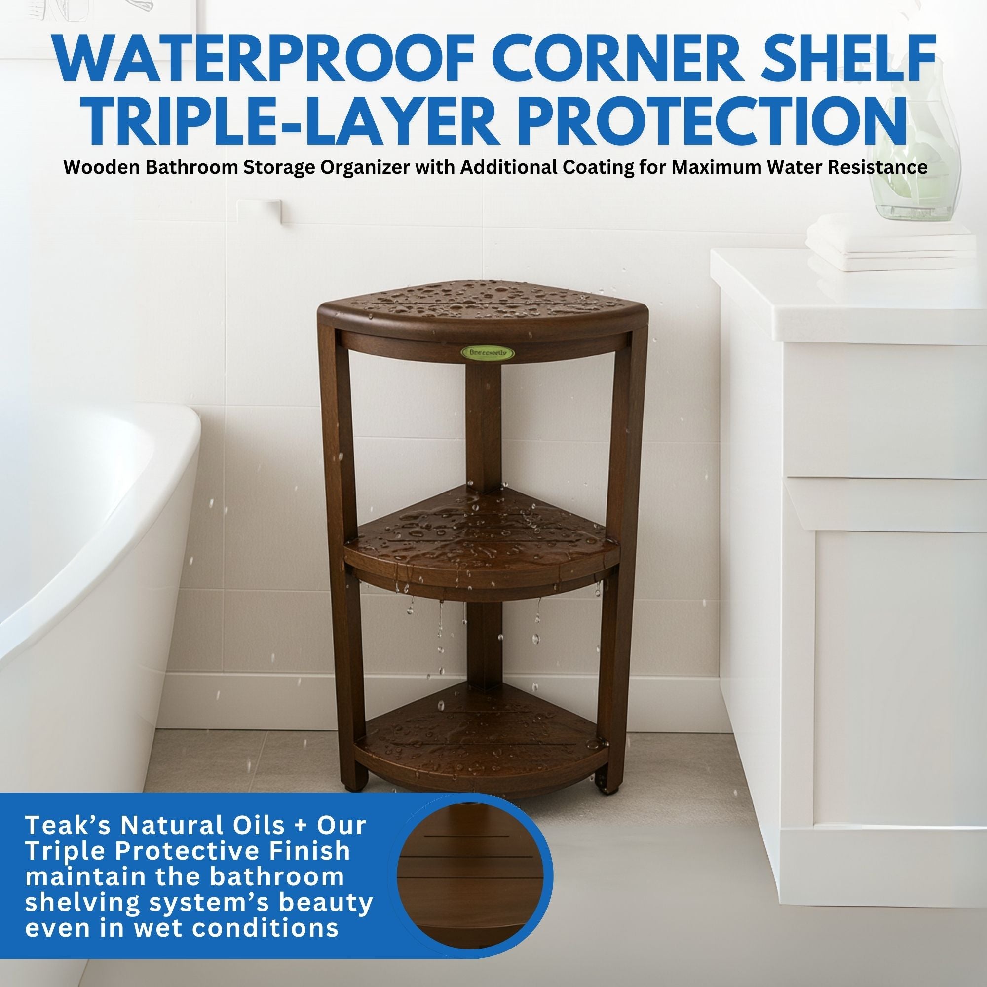 DecoTeak® SnazzyCorner® 33" Teak Wood 3-Tier Corner Shelf in Woodland Brown Finish